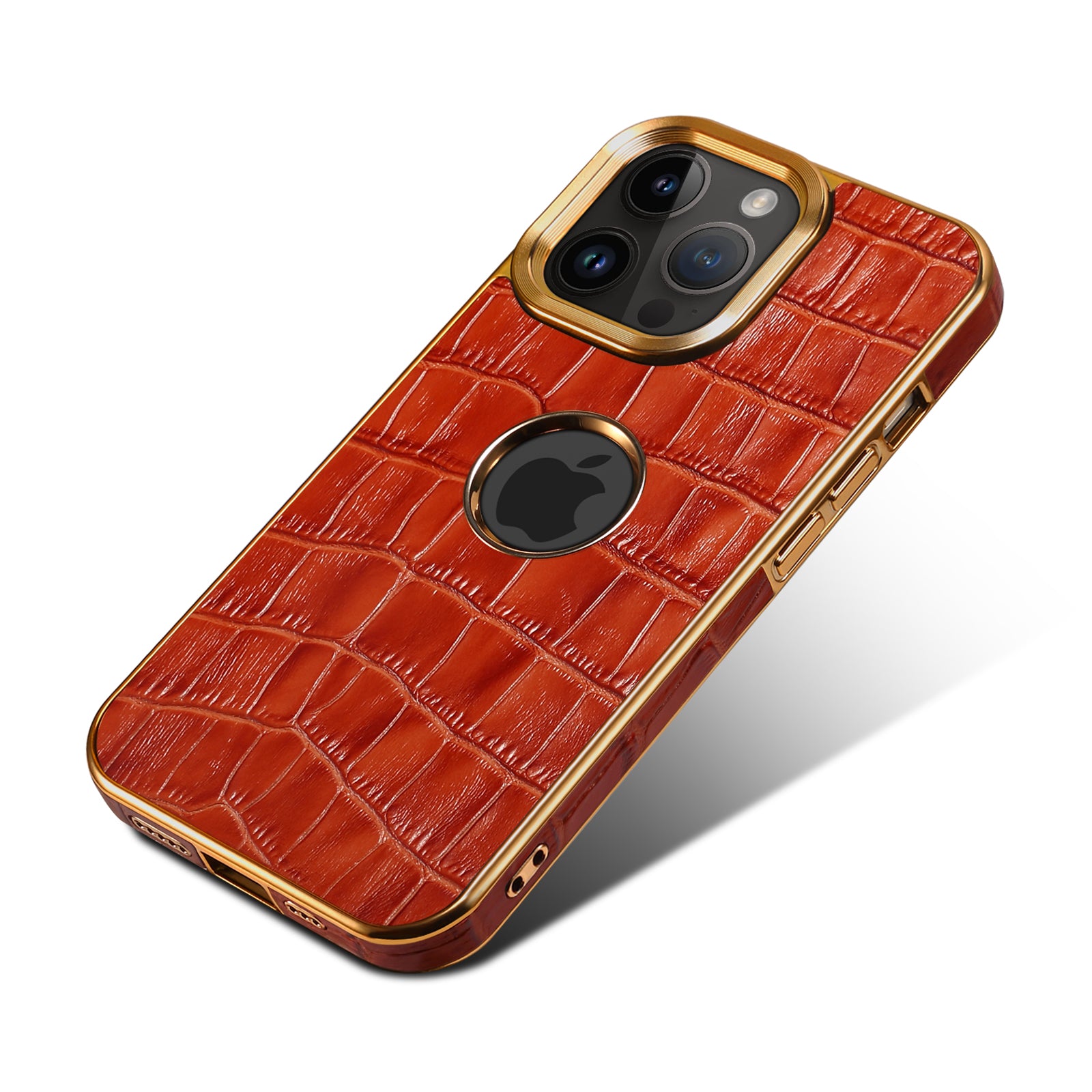 iPhone 15/14/13/12 Series Top Layer Alligator Pattern Cowhide Electroplated Border Anti Drop Genuine Leather Phone Case（Brown）