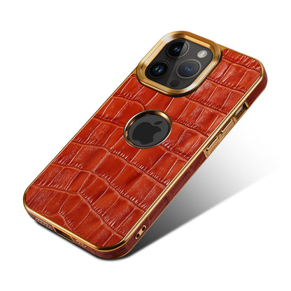 iPhone 15/14/13/12 Series Top Layer Alligator Pattern Cowhide Electroplated Border Anti Drop Genuine Leather Phone Case（Brown）