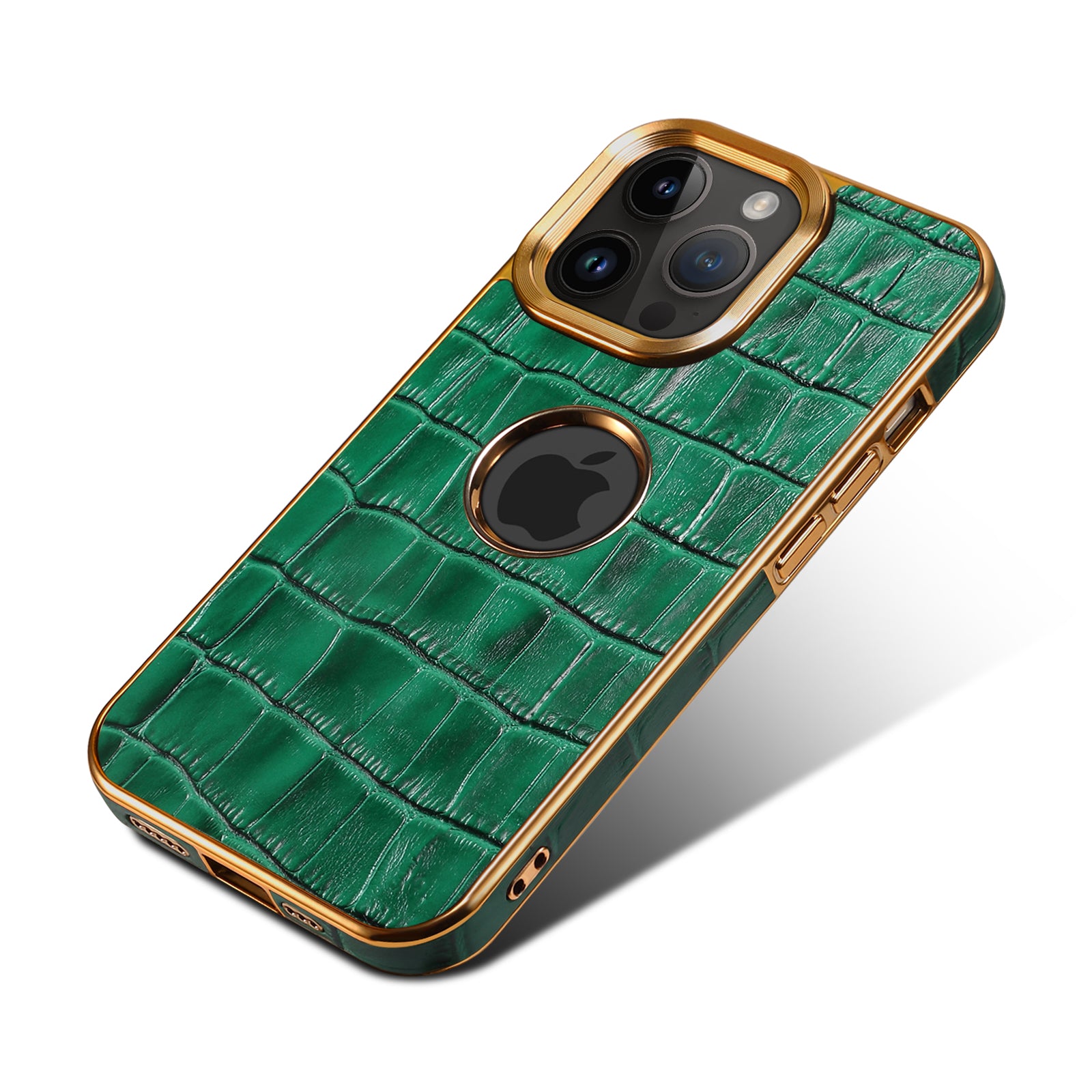 iPhone 15/14/13/12 Series Top Layer Alligator Pattern Cowhide Electroplated Border Anti Drop Genuine Leather Phone Case（Green）