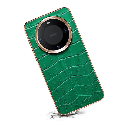 Huawei Series Top Layer Alligator Pattern Cowhide Electroplated Border Anti Drop Genuine Leather Phone Case（Green）