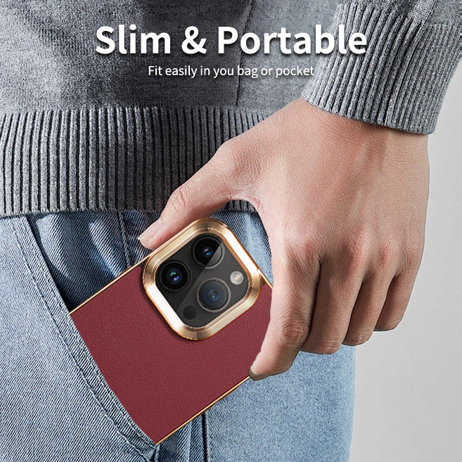 iPhone 15-12 Series Top Layer Cowhide Electroplated Border Anti Drop Genuine Leather Phone Case（Red）