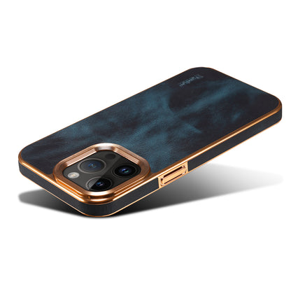 iPhone Top Layer Cowhide Electroplated Border Anti Drop Genuine Leather Phone Case（Blue）