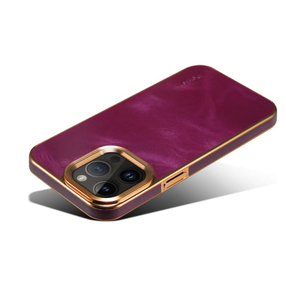 iPhone Top Layer Cowhide Electroplated Border Anti Drop Genuine Leather Phone Case（Purple）