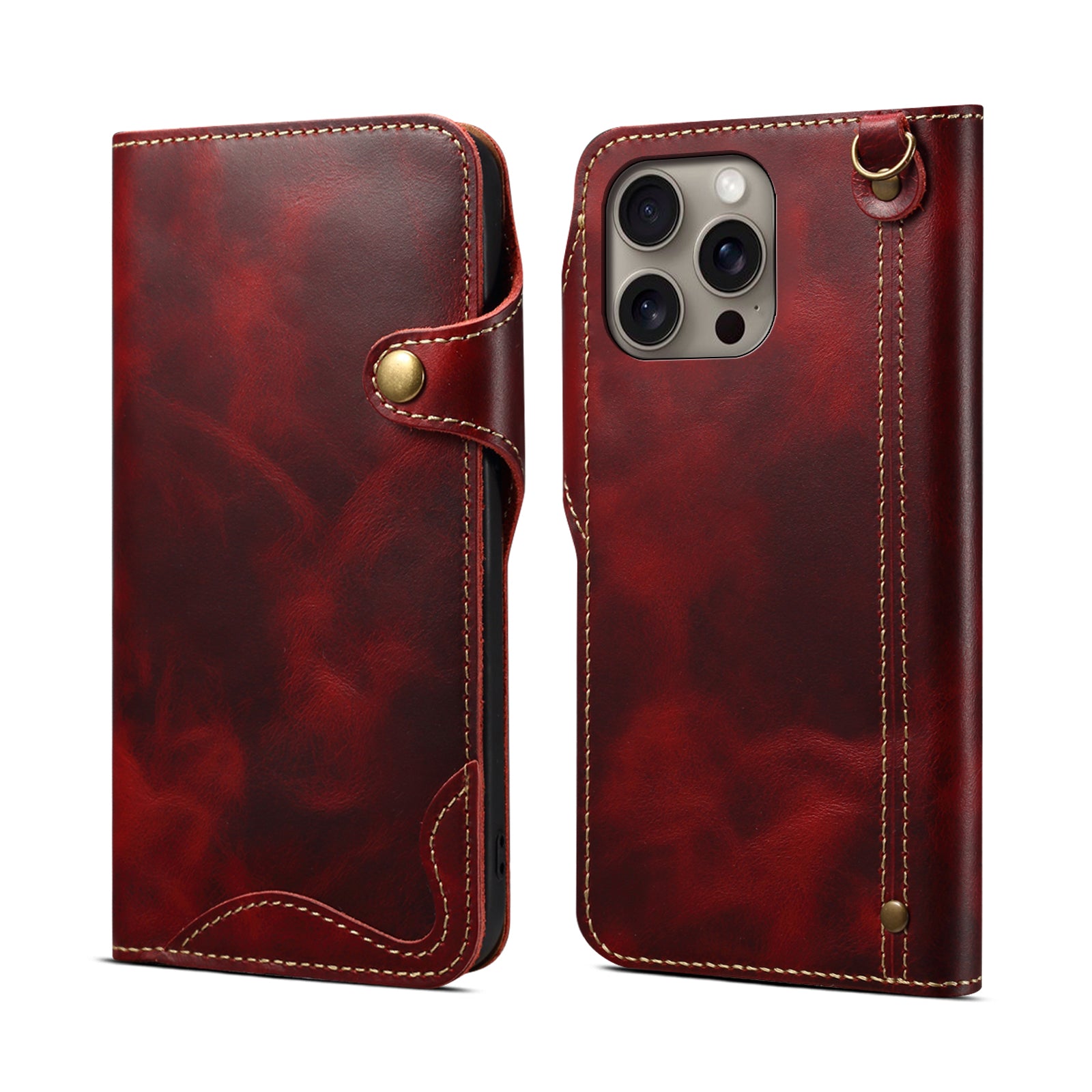 iPhone 16-12 Series Genuine Leathe Multi Functional Card Insertion Flip Wallet Holder Phone Case（Red）