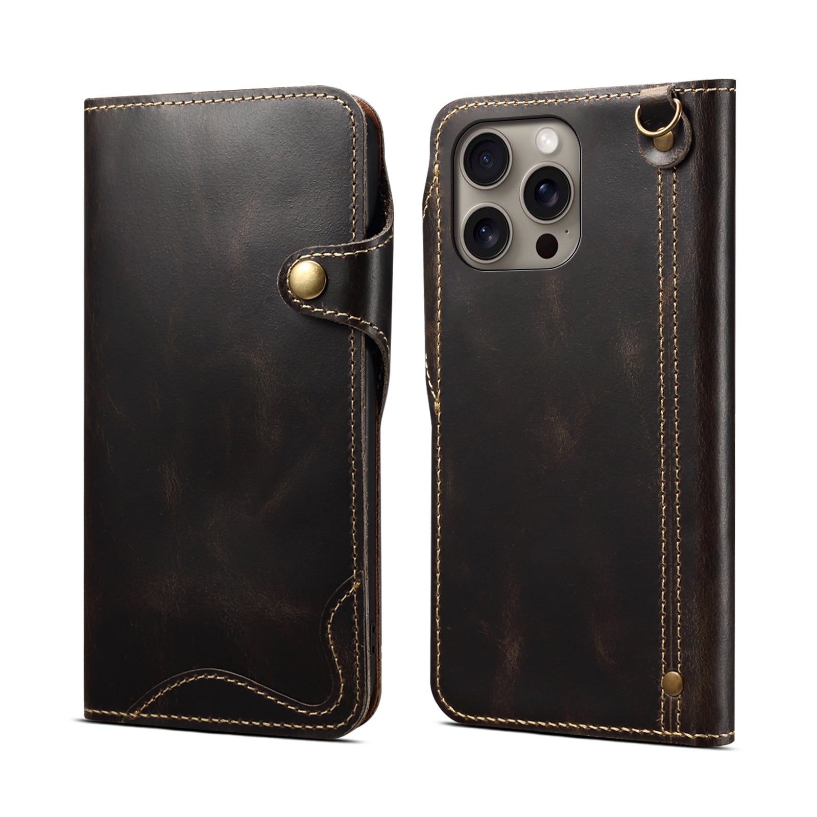 iPhone 16-12 Series Genuine Leathe Multi Functional Card Insertion Flip Wallet Holder Phone Case（Black）