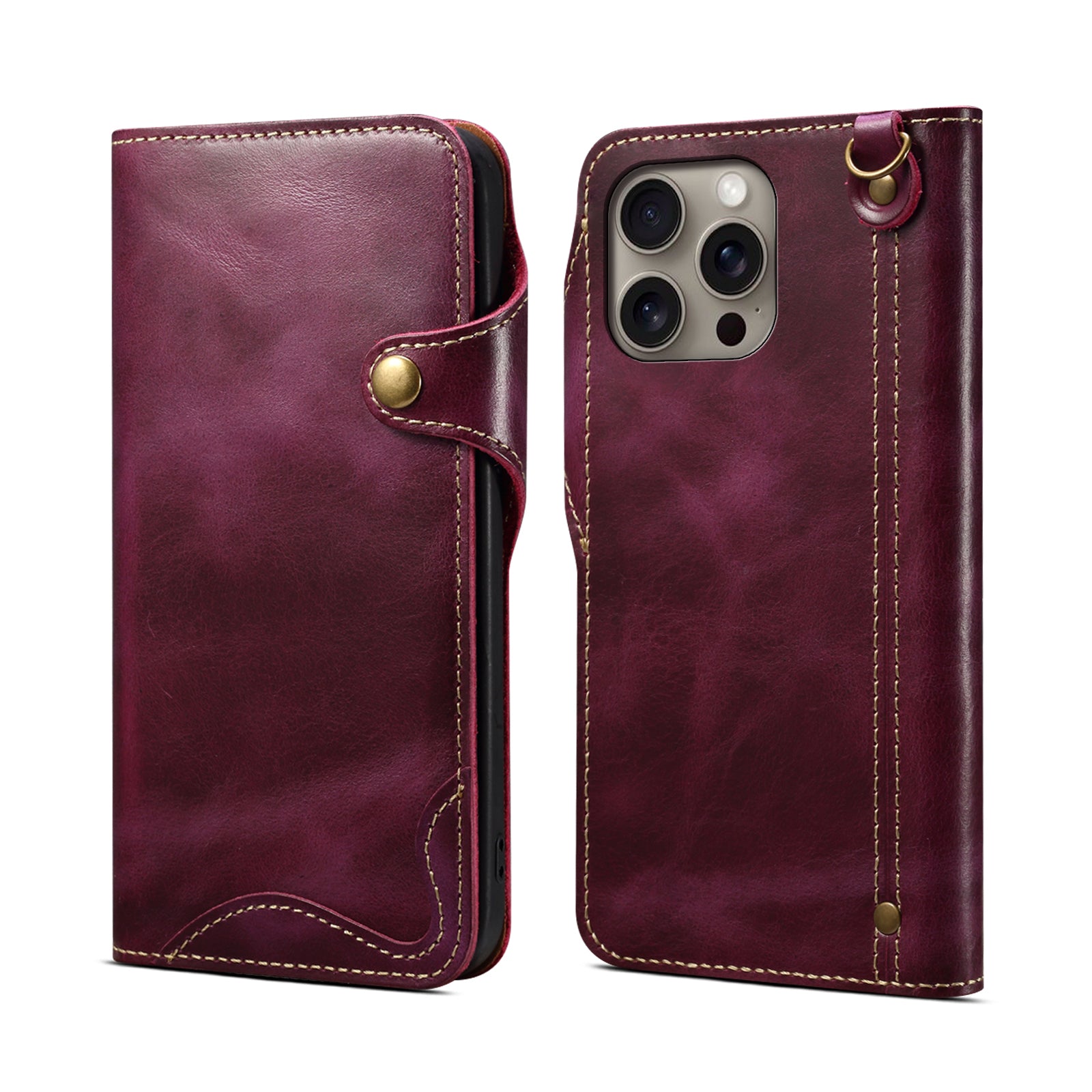 iPhone 16-12 Series Genuine Leathe Multi Functional Card Insertion Flip Wallet Holder Phone Case（Purple）