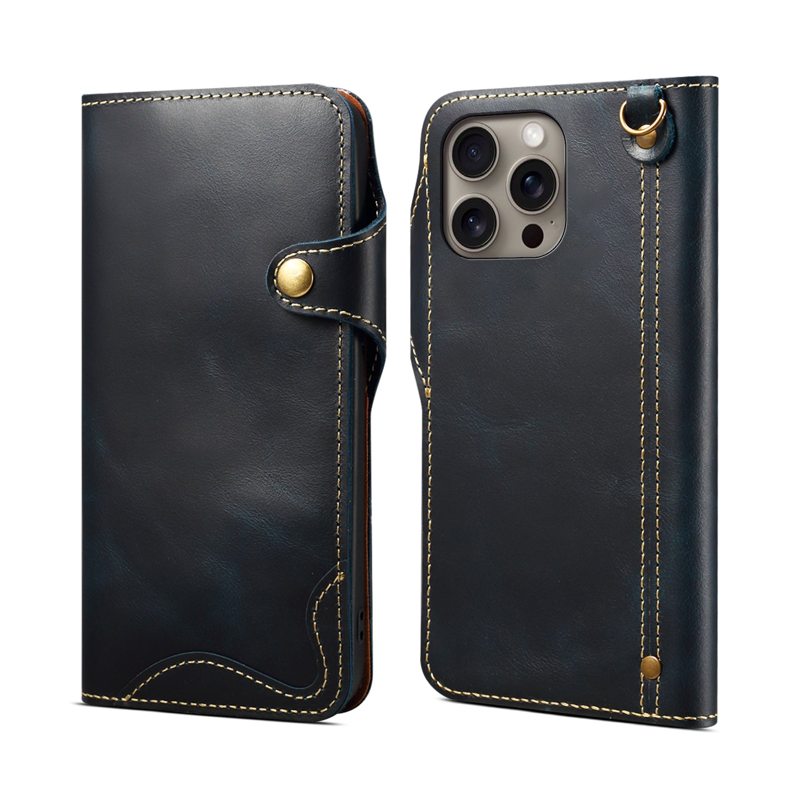 iPhone 16-12 Series Genuine Leathe Multi Functional Card Insertion Flip Wallet Holder Phone Case（Blue）