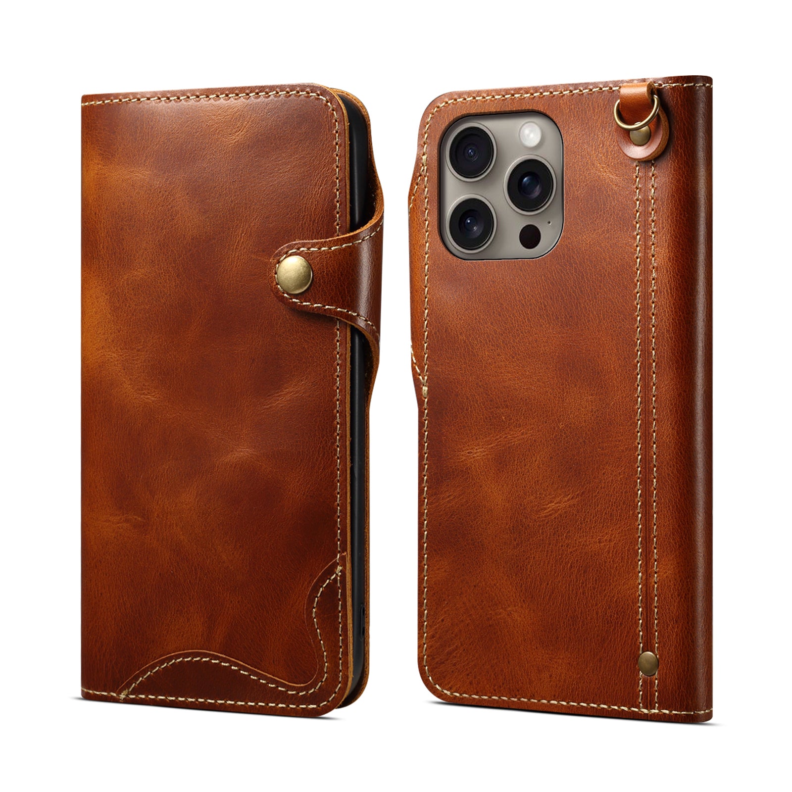 iPhone 16-12 Series Genuine Leathe Multi Functional Card Insertion Flip Wallet Holder Phone Case（Brown）