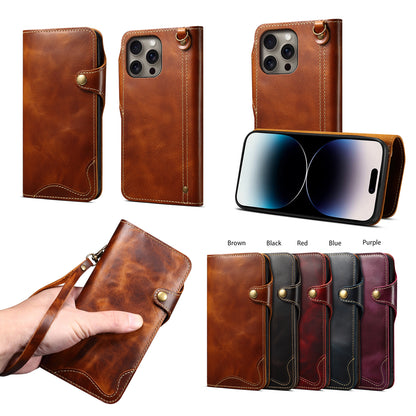 iPhone 16-12 Series Genuine Leathe Multi Functional Card Insertion Flip Wallet Holder Phone Case（Brown）