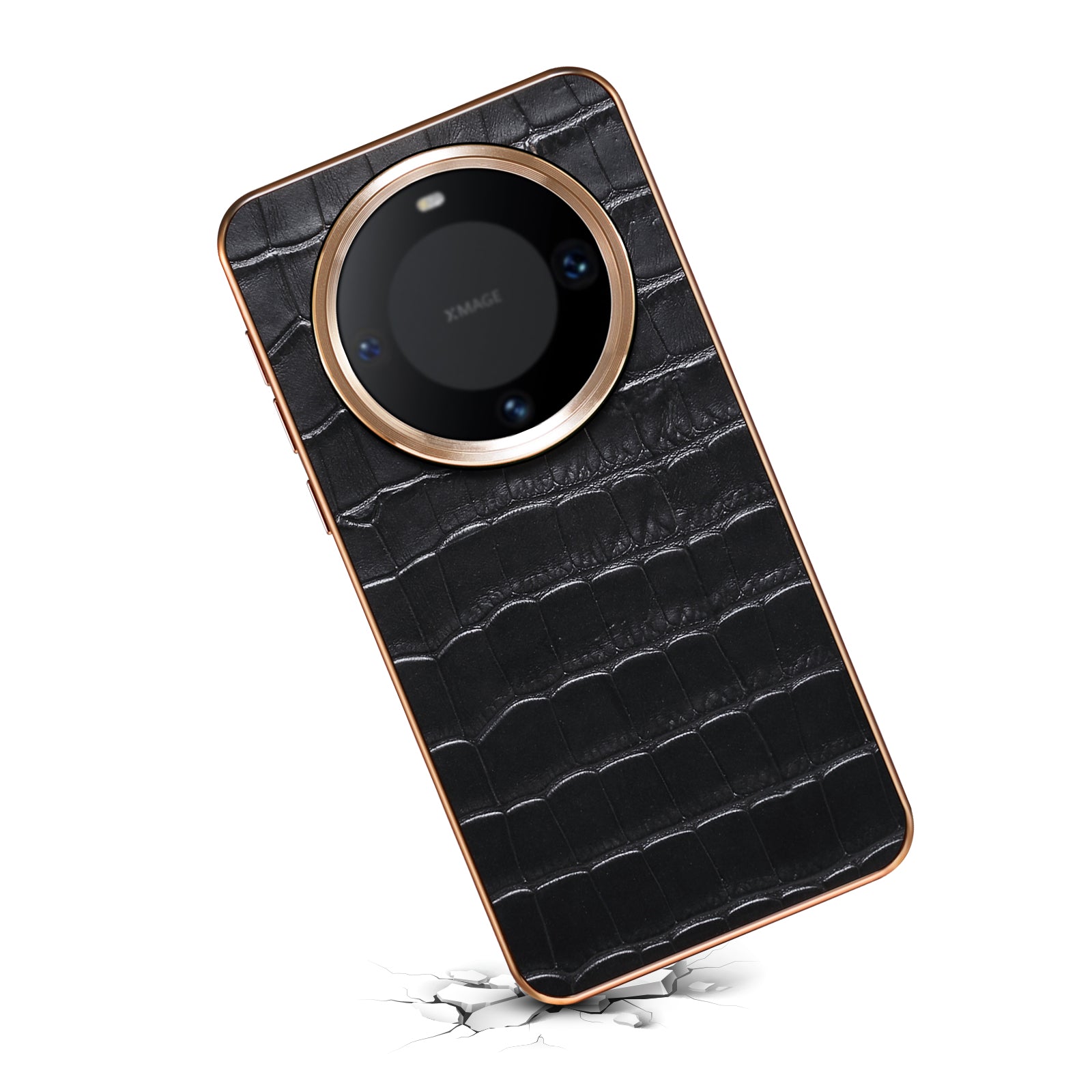 Huawei Series Top Layer Alligator Pattern Cowhide Electroplated Border Anti Drop Genuine Leather Phone Case（Black）