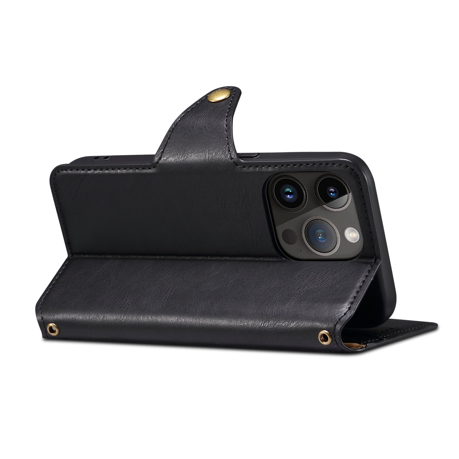 IPhone Simple PU Leather Flip Card Wallet Stand Phone Case（Black）