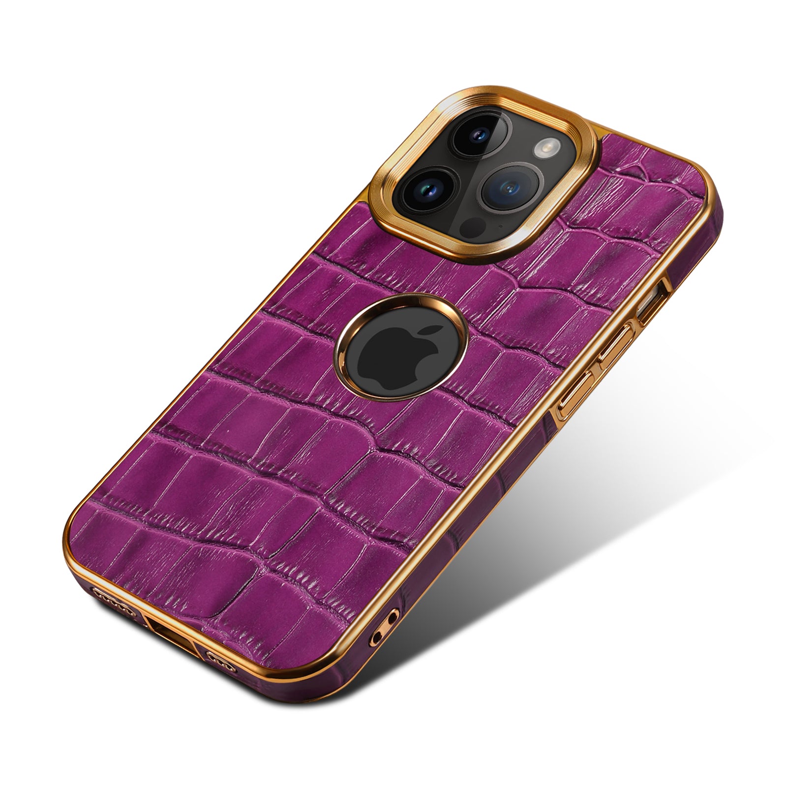 iPhone 15/14/13/12 Series Top Layer Alligator Pattern Cowhide Electroplated Border Anti Drop Genuine Leather Phone Case（Purple）