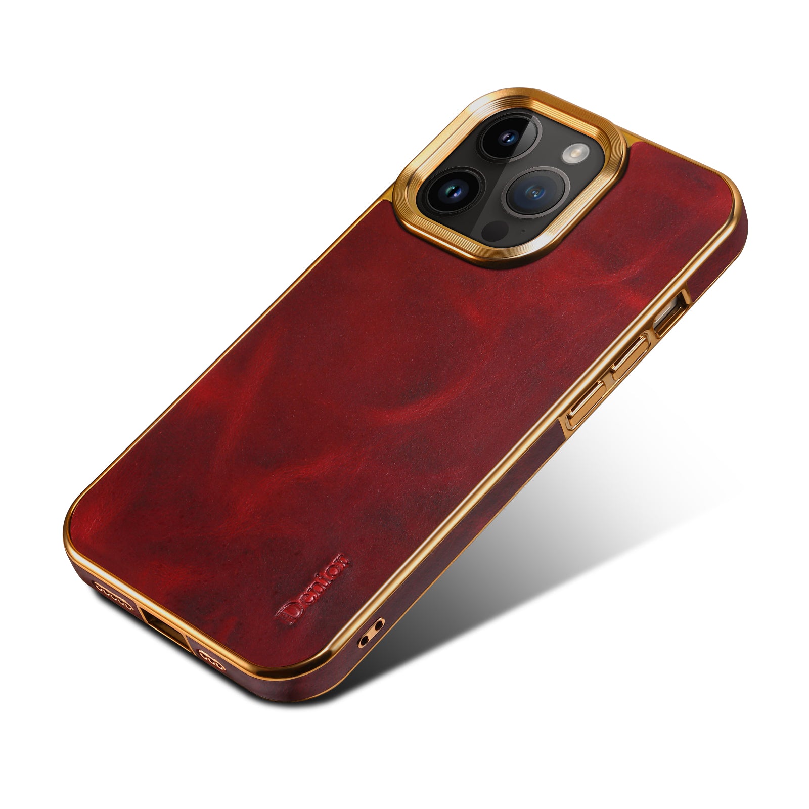 iPhone Top Layer Cowhide Electroplated Border Anti Drop Genuine Leather Phone Case（Red）