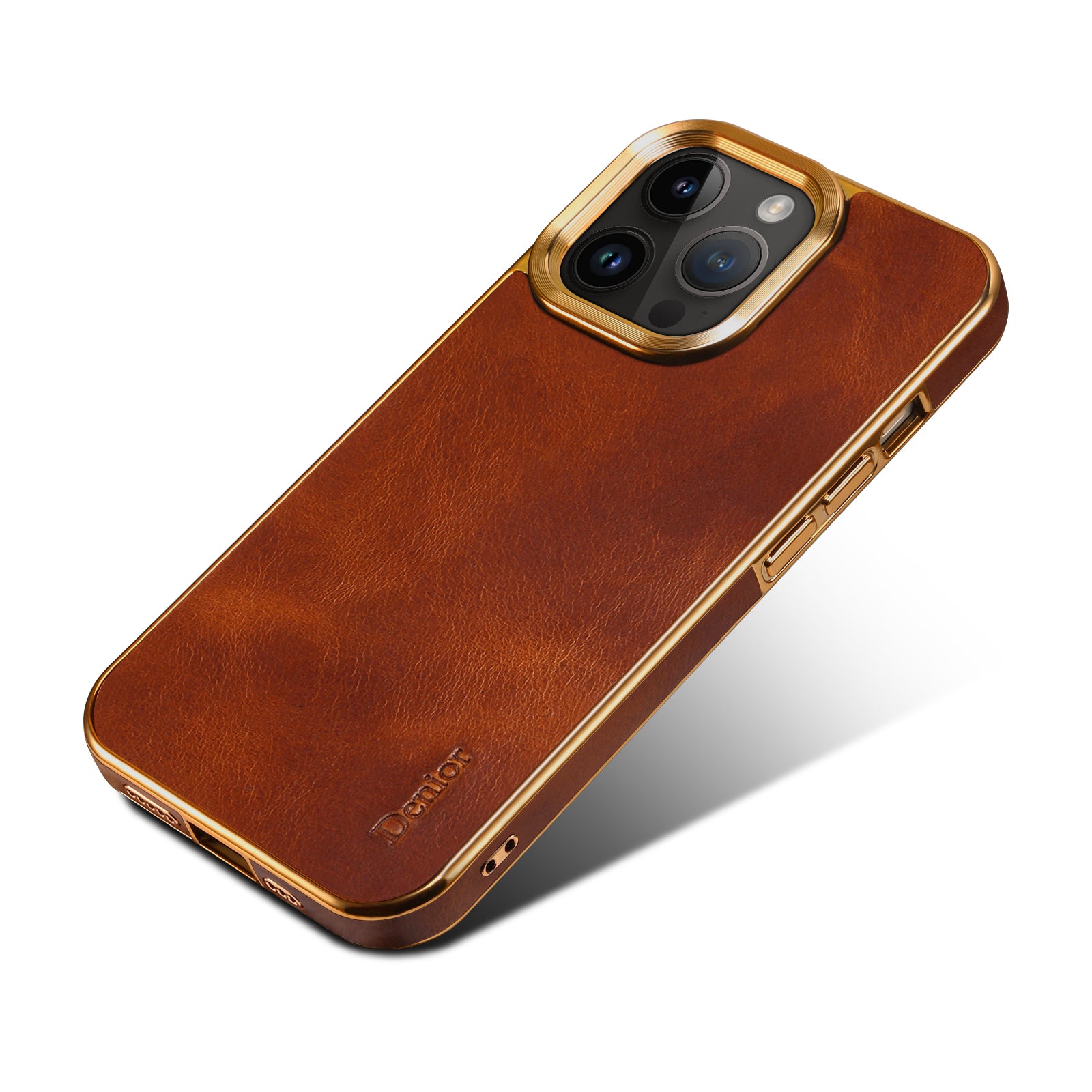 iPhone Top Layer Cowhide Electroplated Border Anti Drop Genuine Leather Phone Case（Brown）