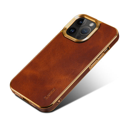 iPhone Top Layer Cowhide Electroplated Border Anti Drop Genuine Leather Phone Case（Brown）