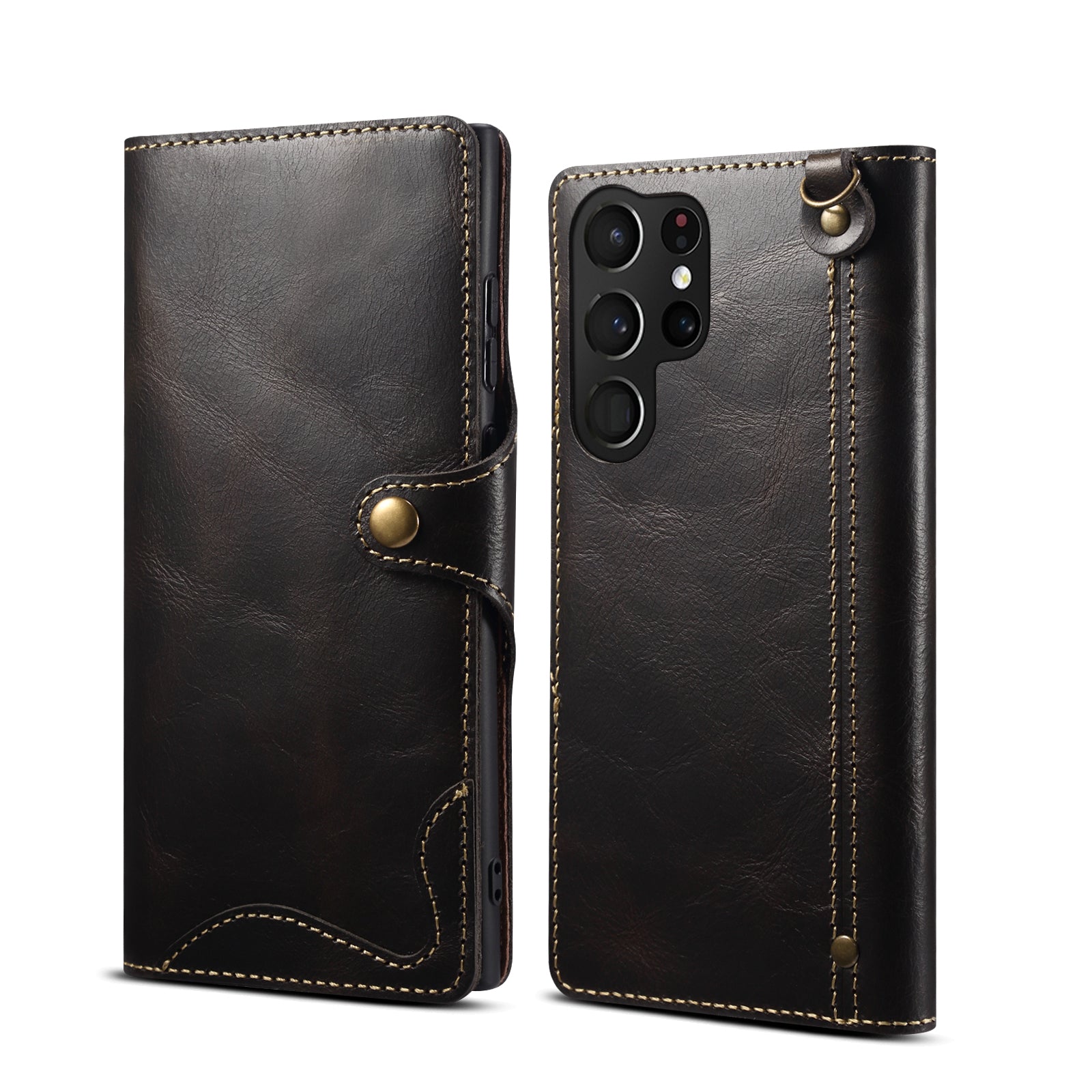 Samsung Galaxy S24/S25 Series Genuine Leathe Multi Functional Card Insertion Flip Wallet Holder Phone Case（Black）