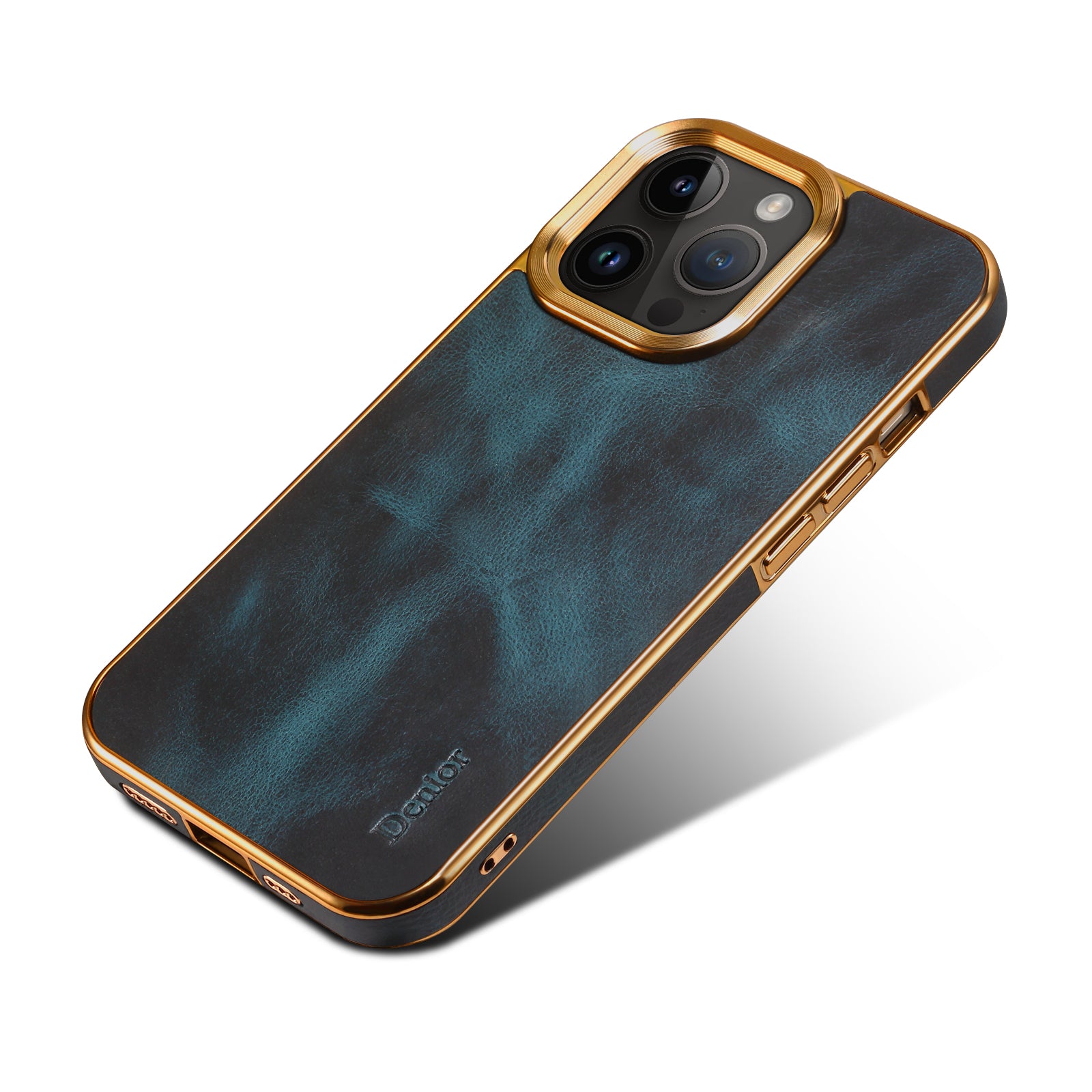 iPhone Top Layer Cowhide Electroplated Border Anti Drop Genuine Leather Phone Case（Blue）