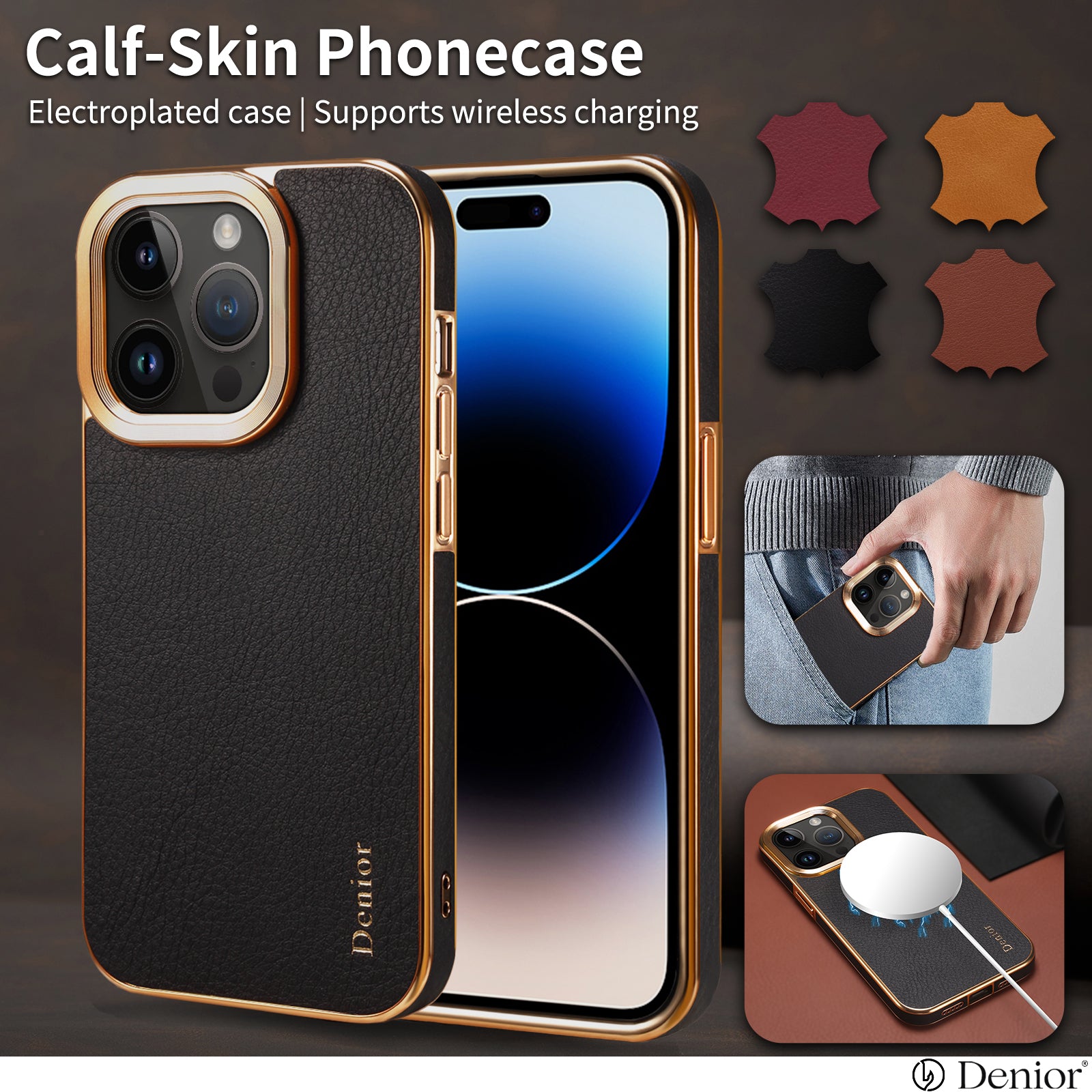 iPhone 15-12 Series Top Layer Cowhide Electroplated Border Anti Drop Genuine Leather Phone Case（Black）