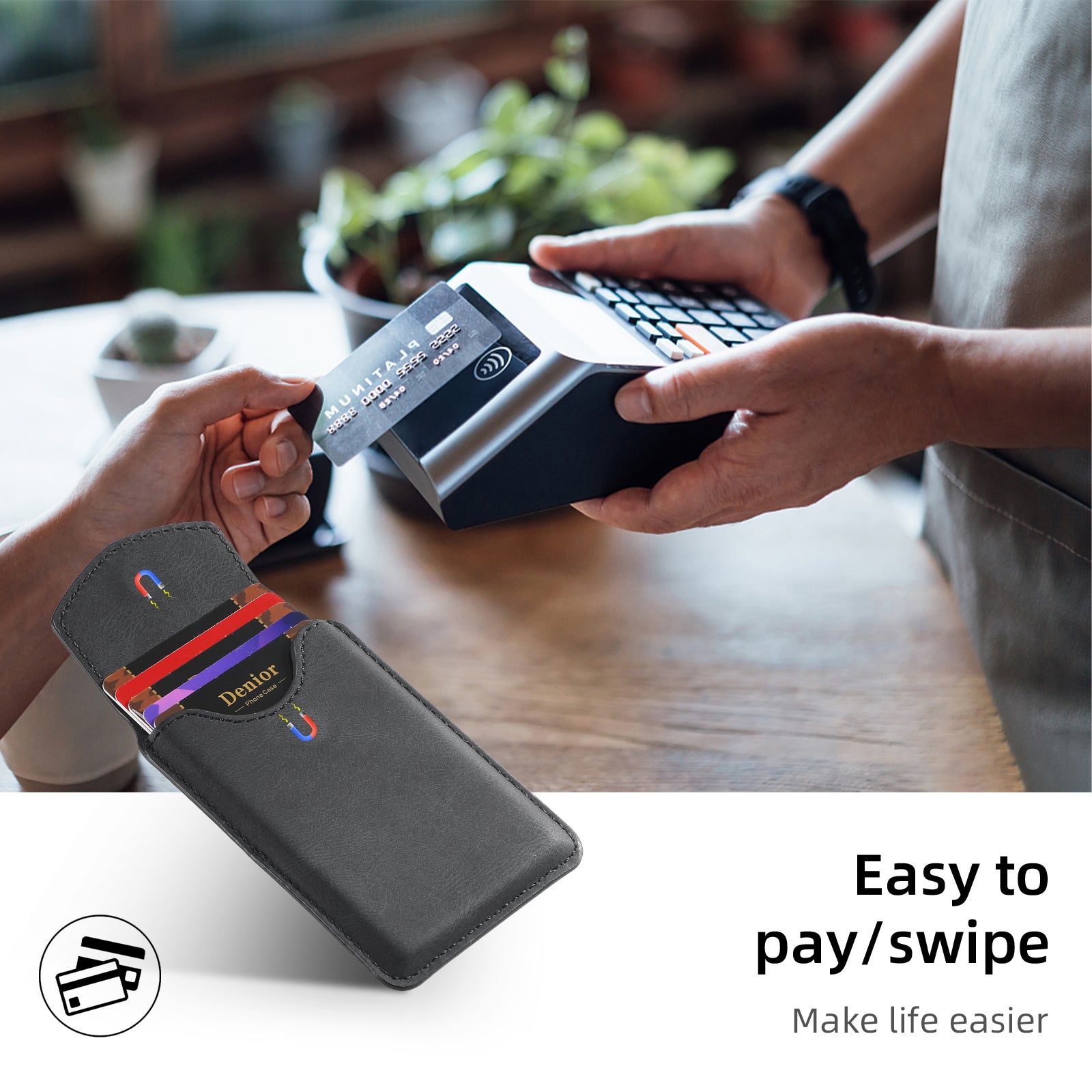 Magnetic Bracket Leather  Credit Card Bag（Black）