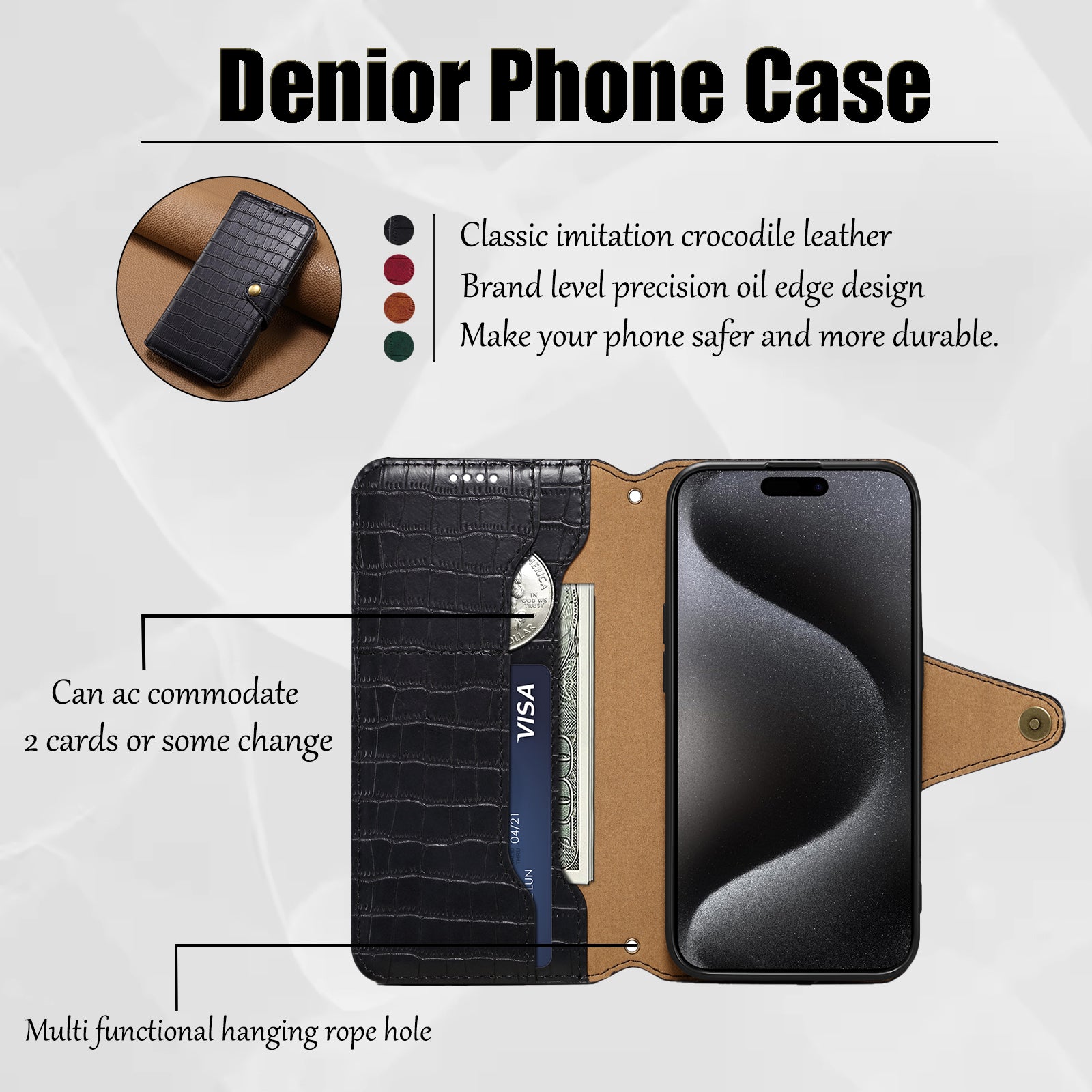 Crocodile PU Leather iPhone Cover Wallet Phone Case（Black）