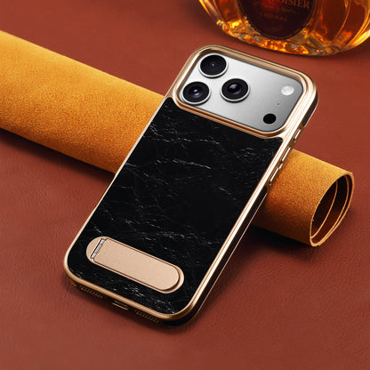 Genuine Leather In-line Stand Magnetic Electroplated Phone Case