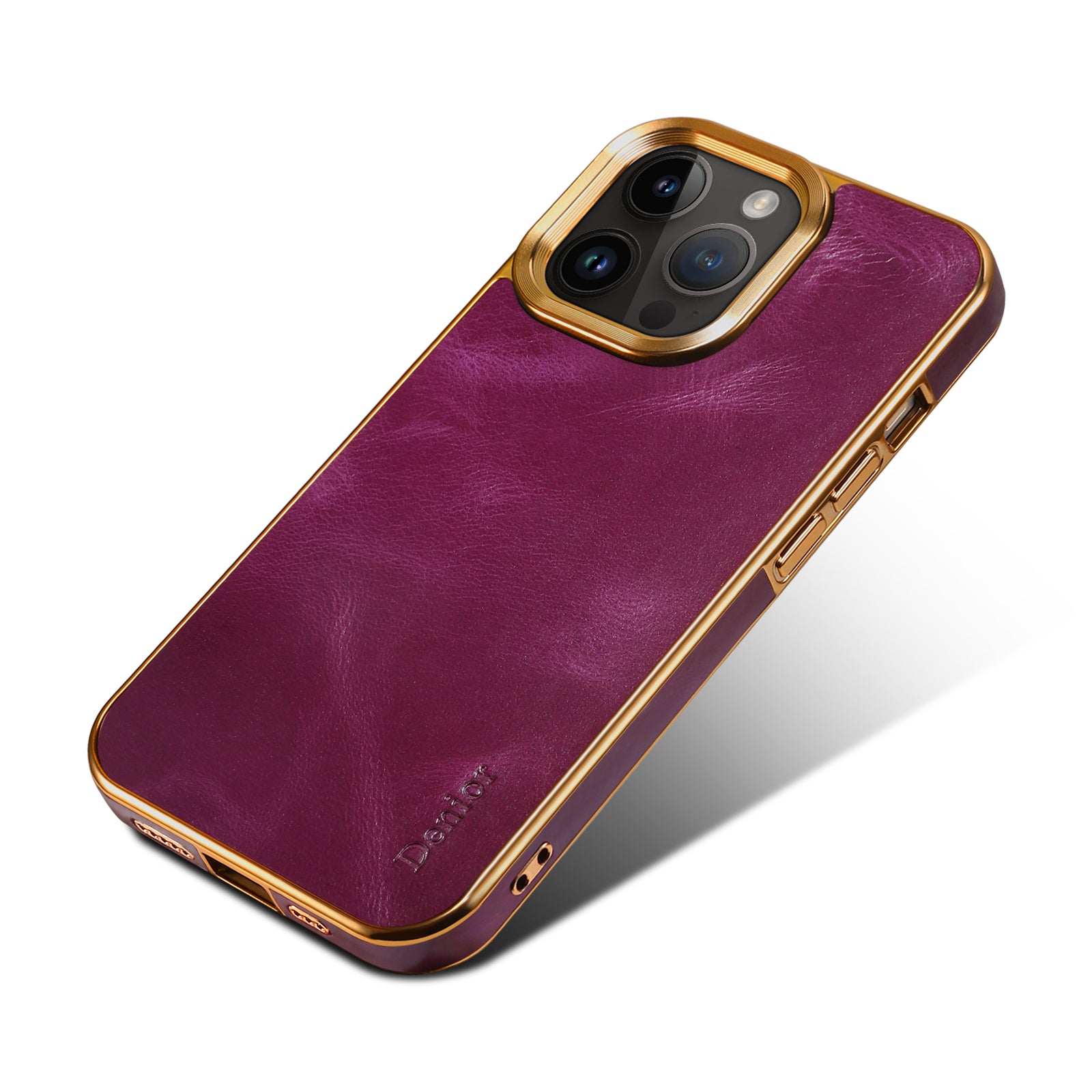 iPhone Top Layer Cowhide Electroplated Border Anti Drop Genuine Leather Phone Case（Purple）
