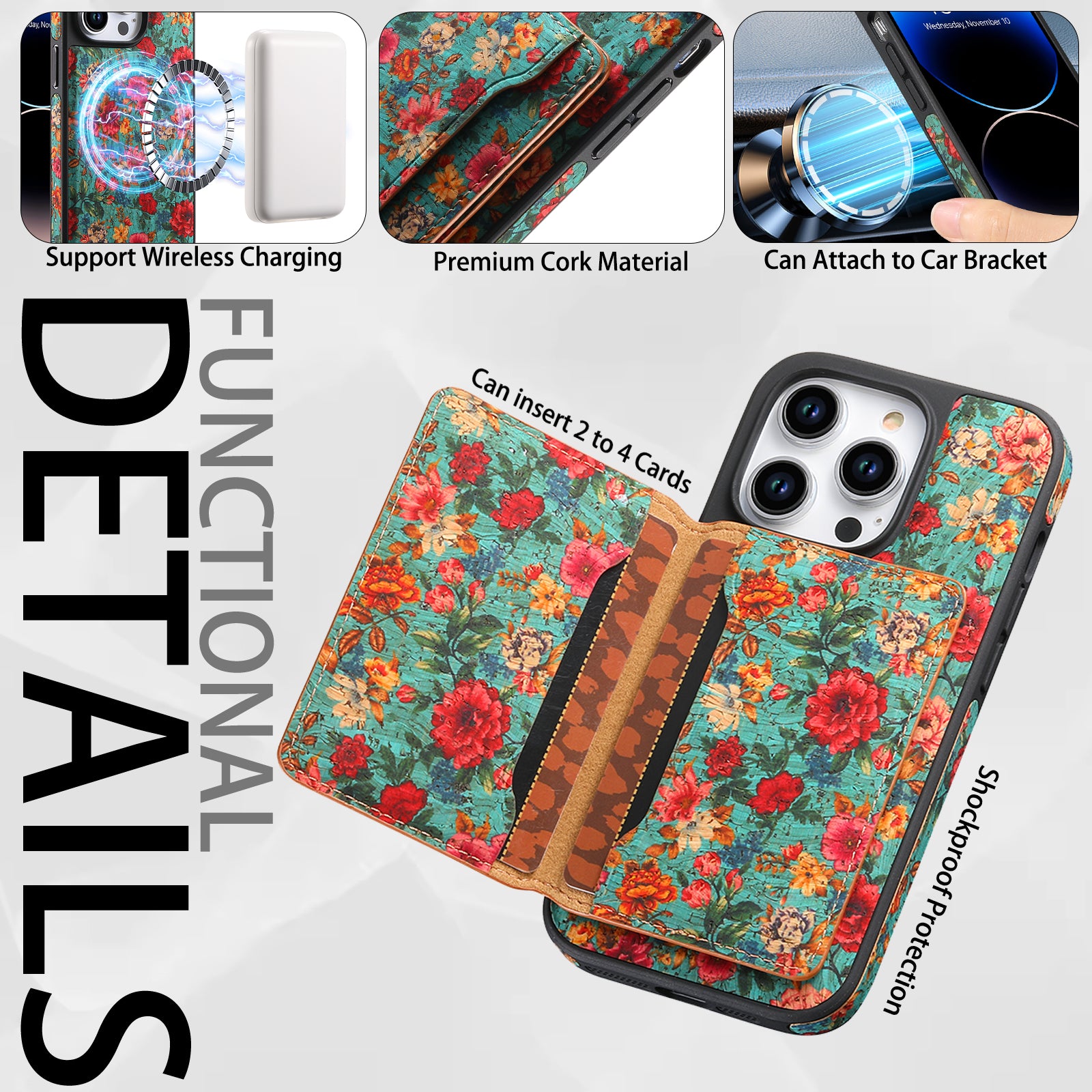 Wooden magnetic pluggable phone case & Card Bag（Blue)