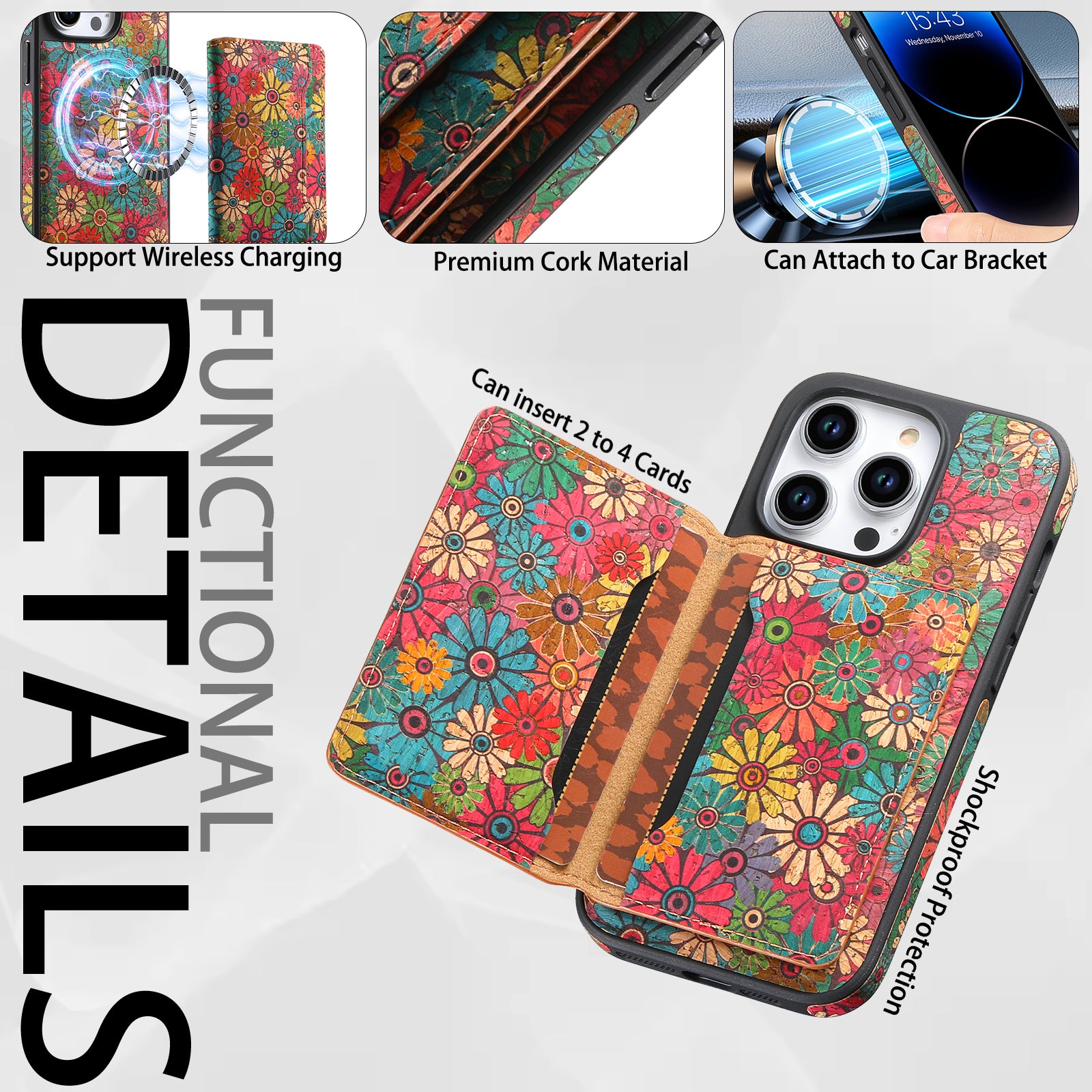 Wooden magnetic pluggable phone case & Card Bag（Green）