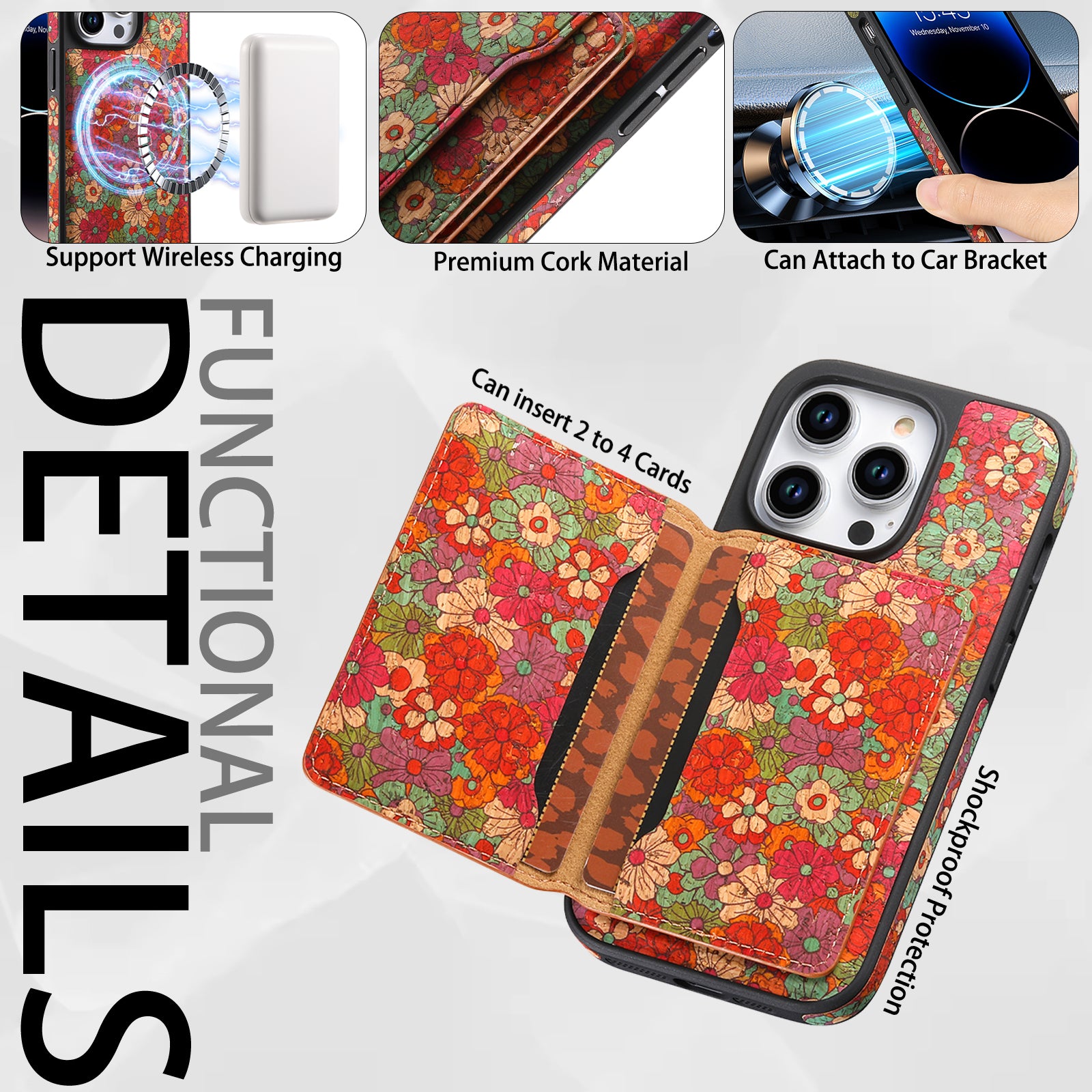 Wooden magnetic pluggable phone case & Card Bag（Red）