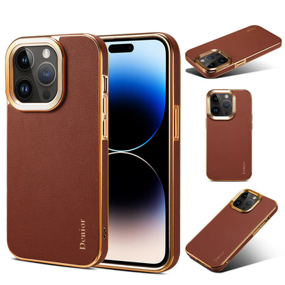 iPhone 16 Series Top Layer Cowhide Electroplated Border Anti Drop Genuine Leather Phone Case（Brown）