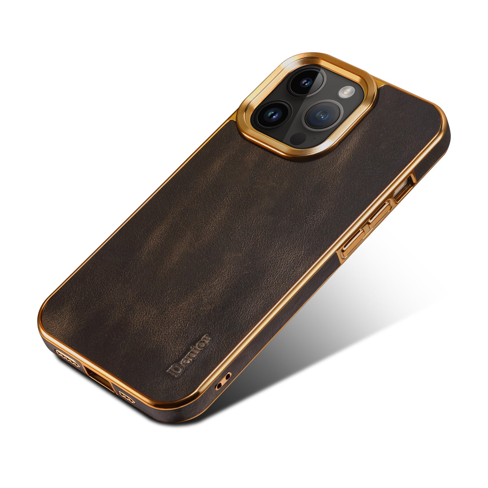 iPhone Top Layer Cowhide Electroplated Border Anti Drop Genuine Leather Phone Case（Black）