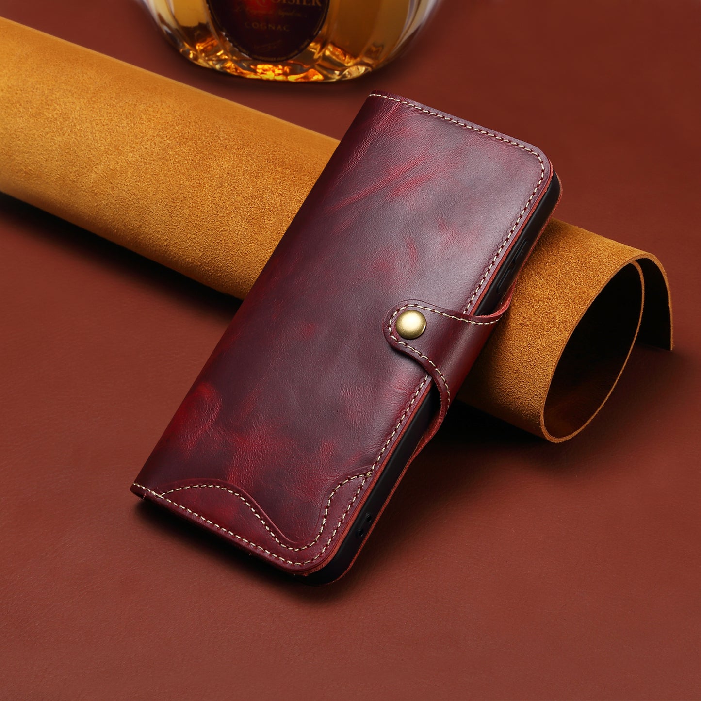 Genuine Leather Oil Wax Cowhide Button Wallet Phone Case (For Samsung)