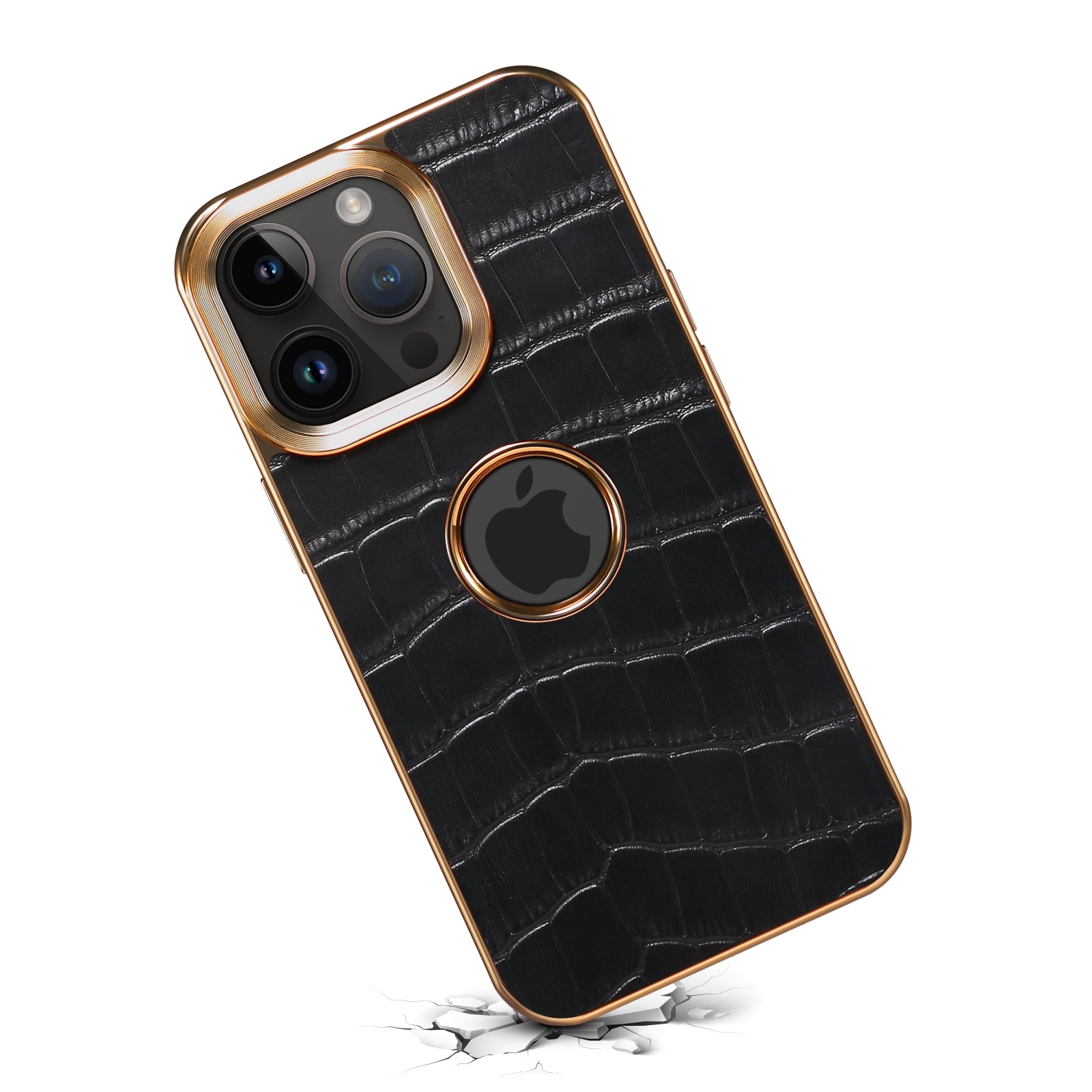iPhone 15/14/13/12 Series Top Layer Alligator Pattern Cowhide Electroplated Border Anti Drop Genuine Leather Phone Case（Black）