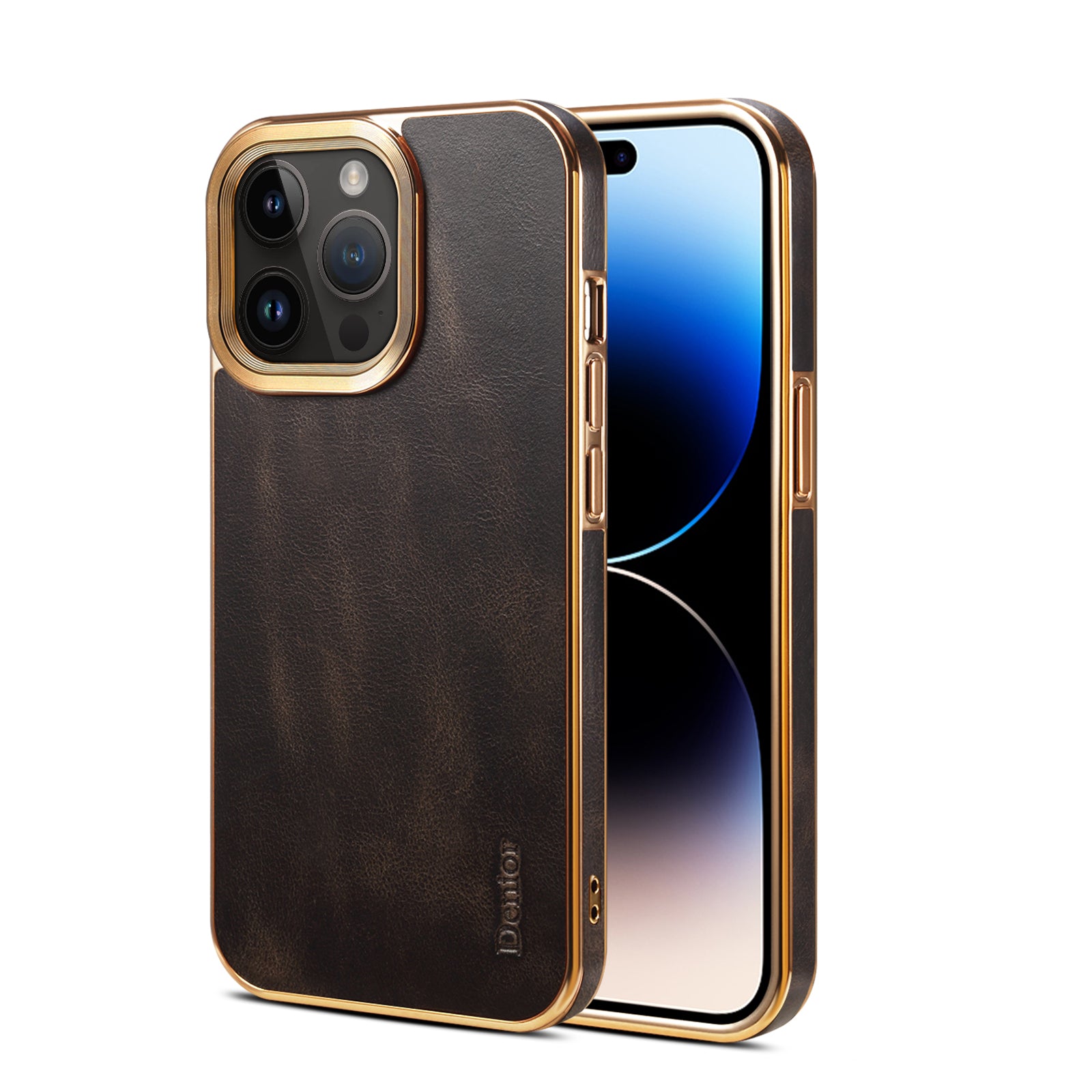 iPhone Top Layer Cowhide Electroplated Border Anti Drop Genuine Leather Phone Case（Black）