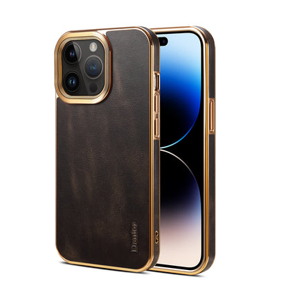 iPhone Top Layer Cowhide Electroplated Border Anti Drop Genuine Leather Phone Case（Black）