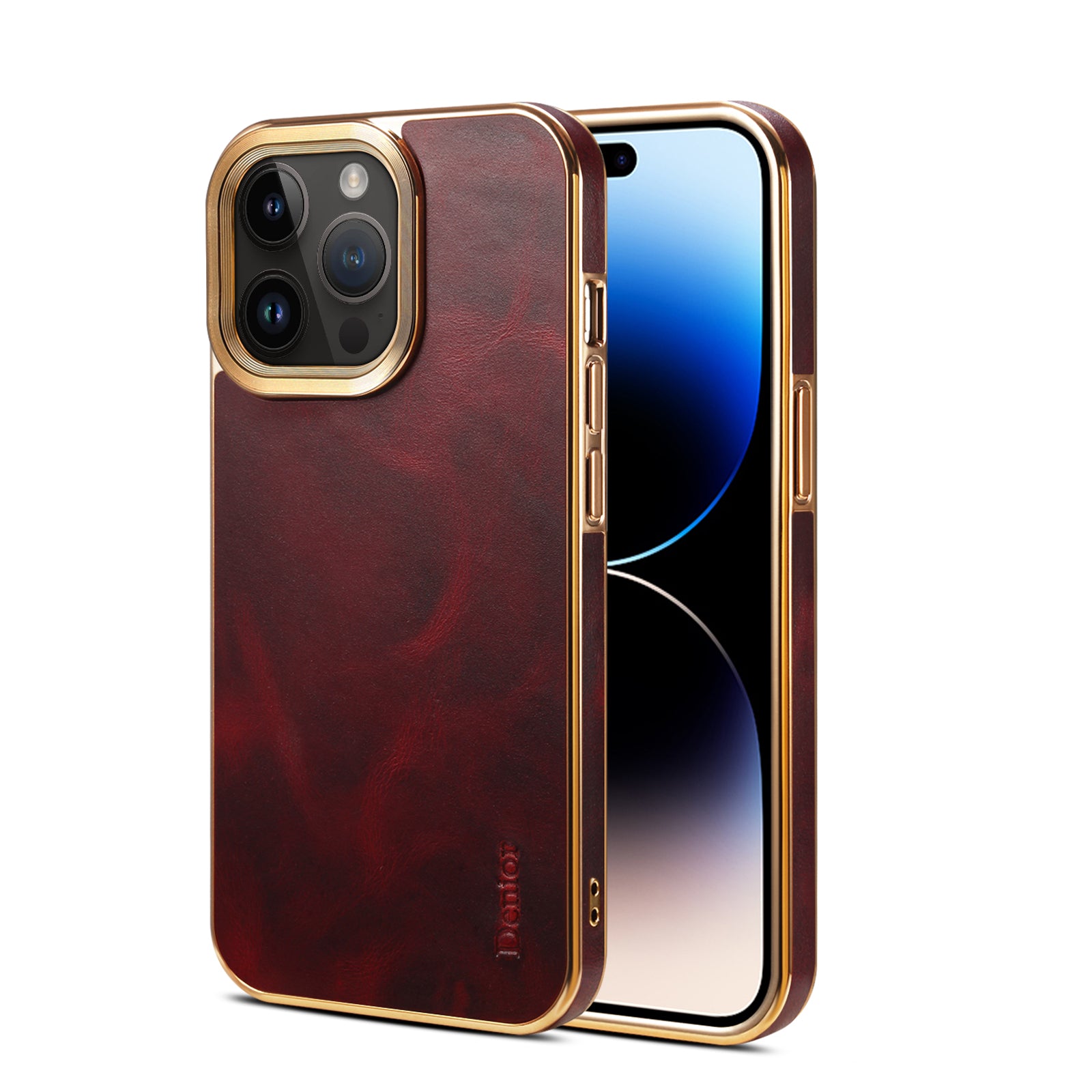 iPhone Top Layer Cowhide Electroplated Border Anti Drop Genuine Leather Phone Case（Red）