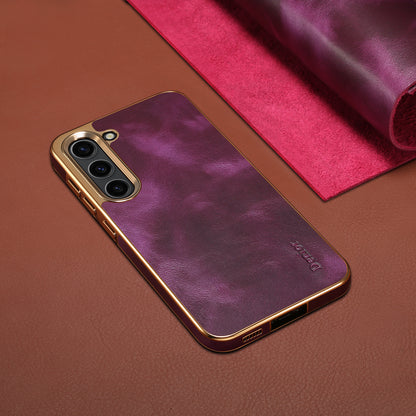 Samsung Top Layer Cowhide Electroplated Border Anti Drop Genuine Leather Phone Case（Purple）