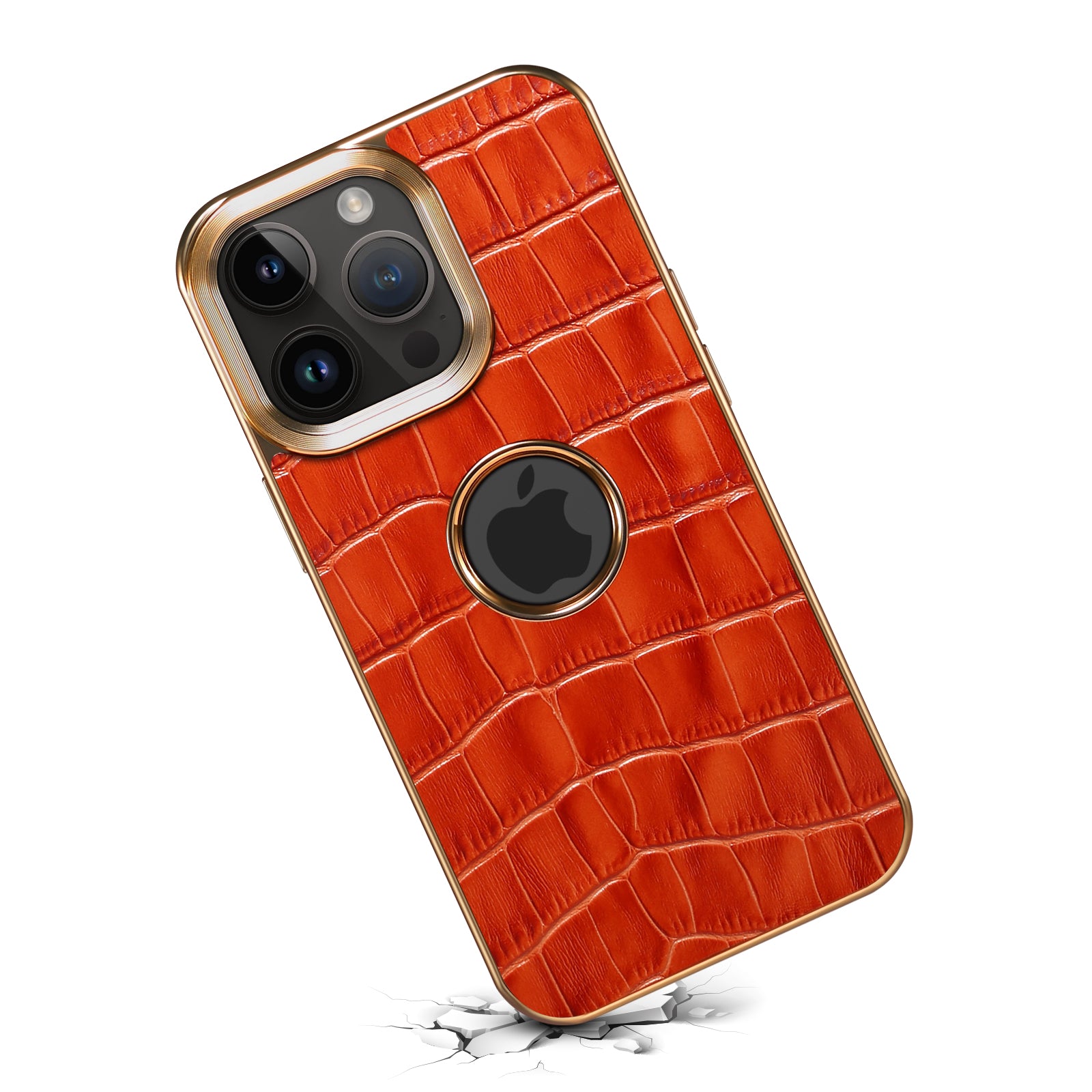 iPhone 15/14/13/12 Series Top Layer Alligator Pattern Cowhide Electroplated Border Anti Drop Genuine Leather Phone Case（Brown）