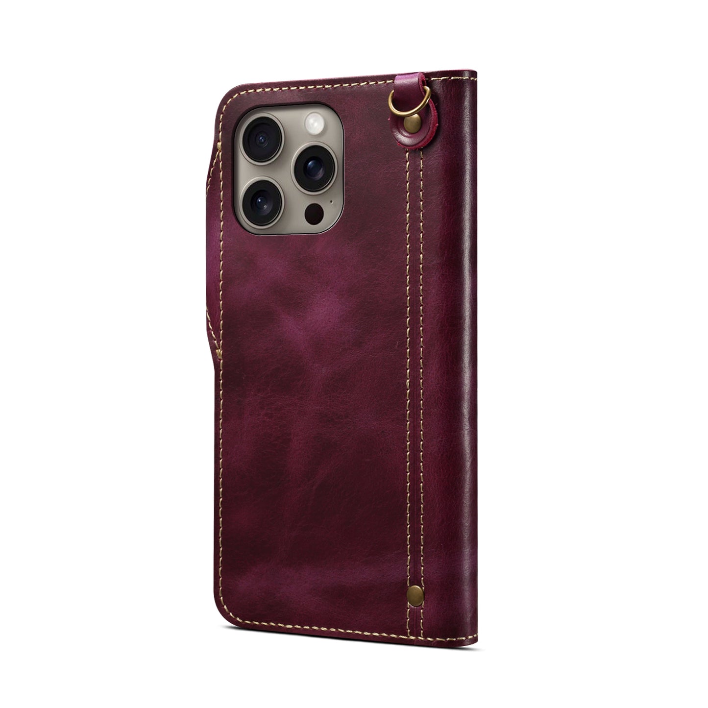 Genuine Oil Wax Cowhide Button Stand Wallet Phone Case