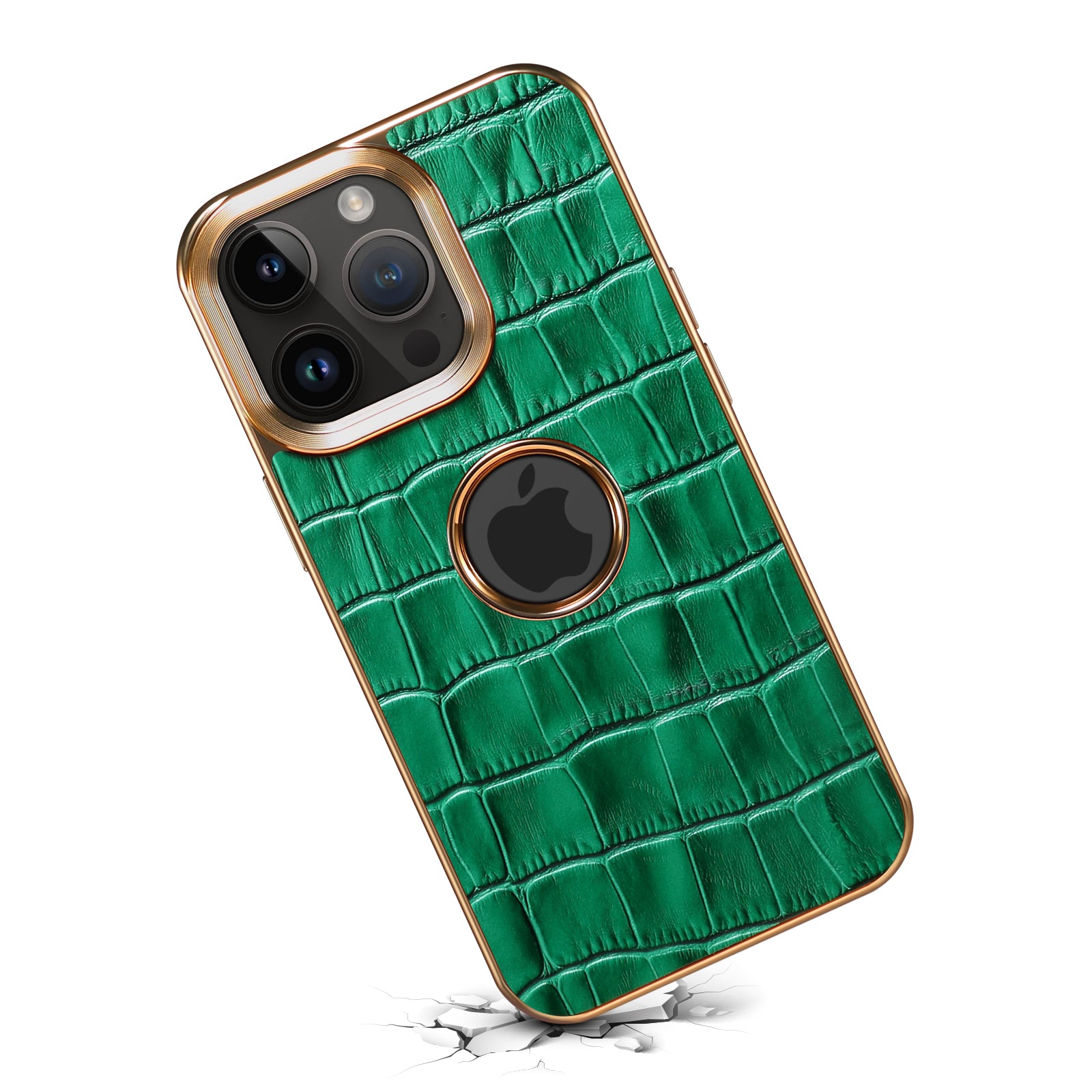 iPhone 15/14/13/12 Series Top Layer Alligator Pattern Cowhide Electroplated Border Anti Drop Genuine Leather Phone Case（Green）