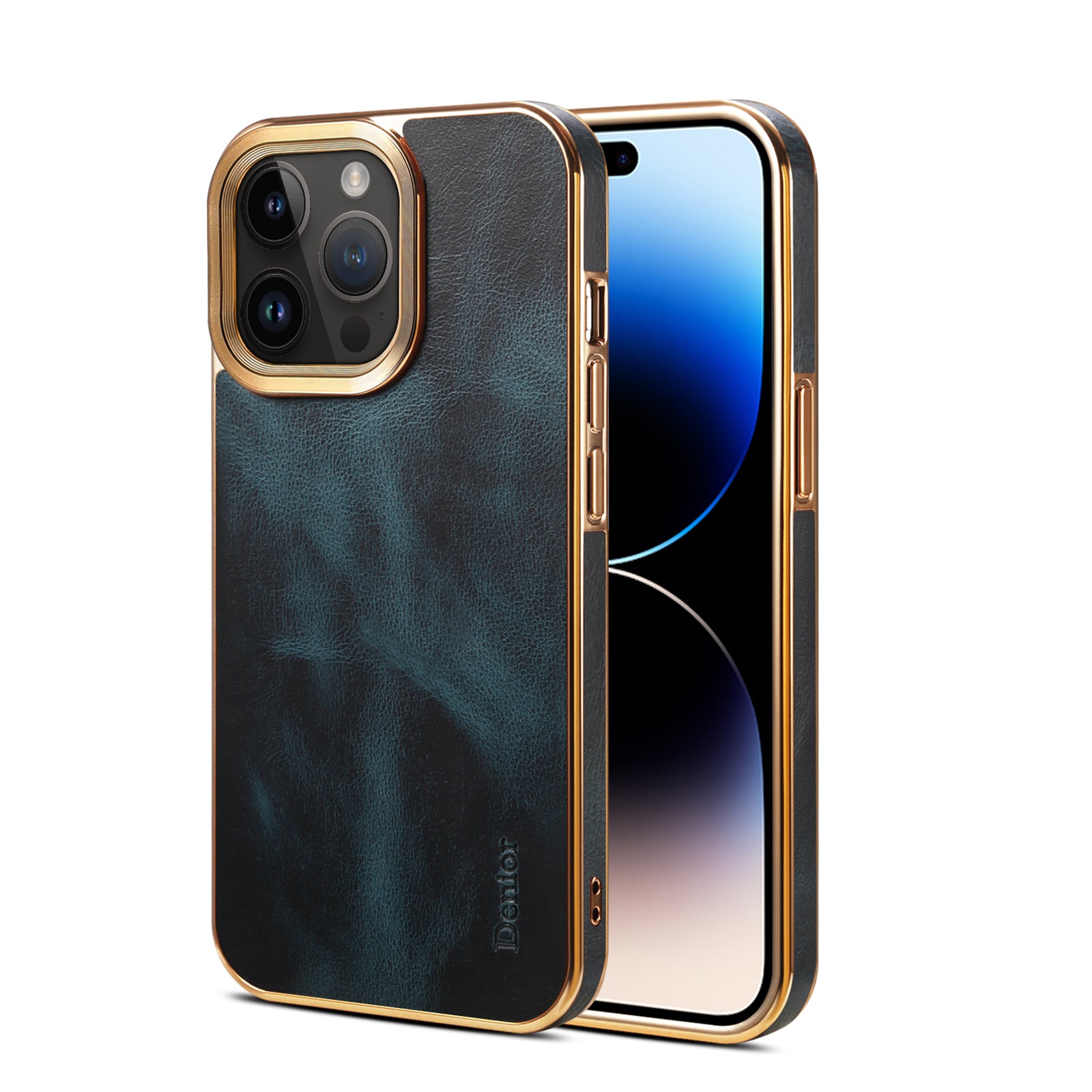 iPhone Top Layer Cowhide Electroplated Border Anti Drop Genuine Leather Phone Case（Blue）