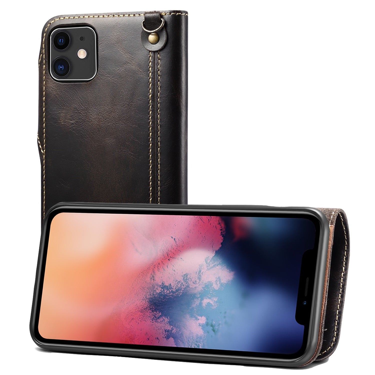 iPhone 13/12 Min/11/7/8 Plus/Xs Max Series Genuine Leathe Multi Functional Card Insertion Flip Wallet Holder Phone Case（Black）