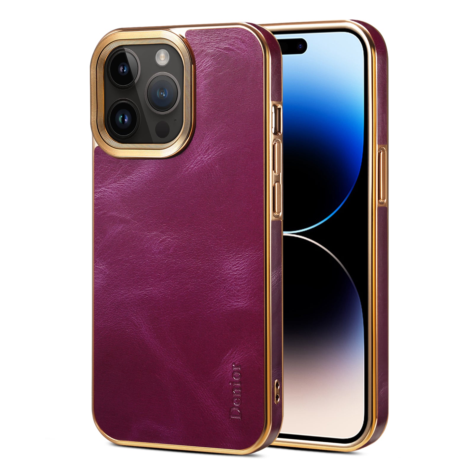 iPhone Top Layer Cowhide Electroplated Border Anti Drop Genuine Leather Phone Case（Purple）