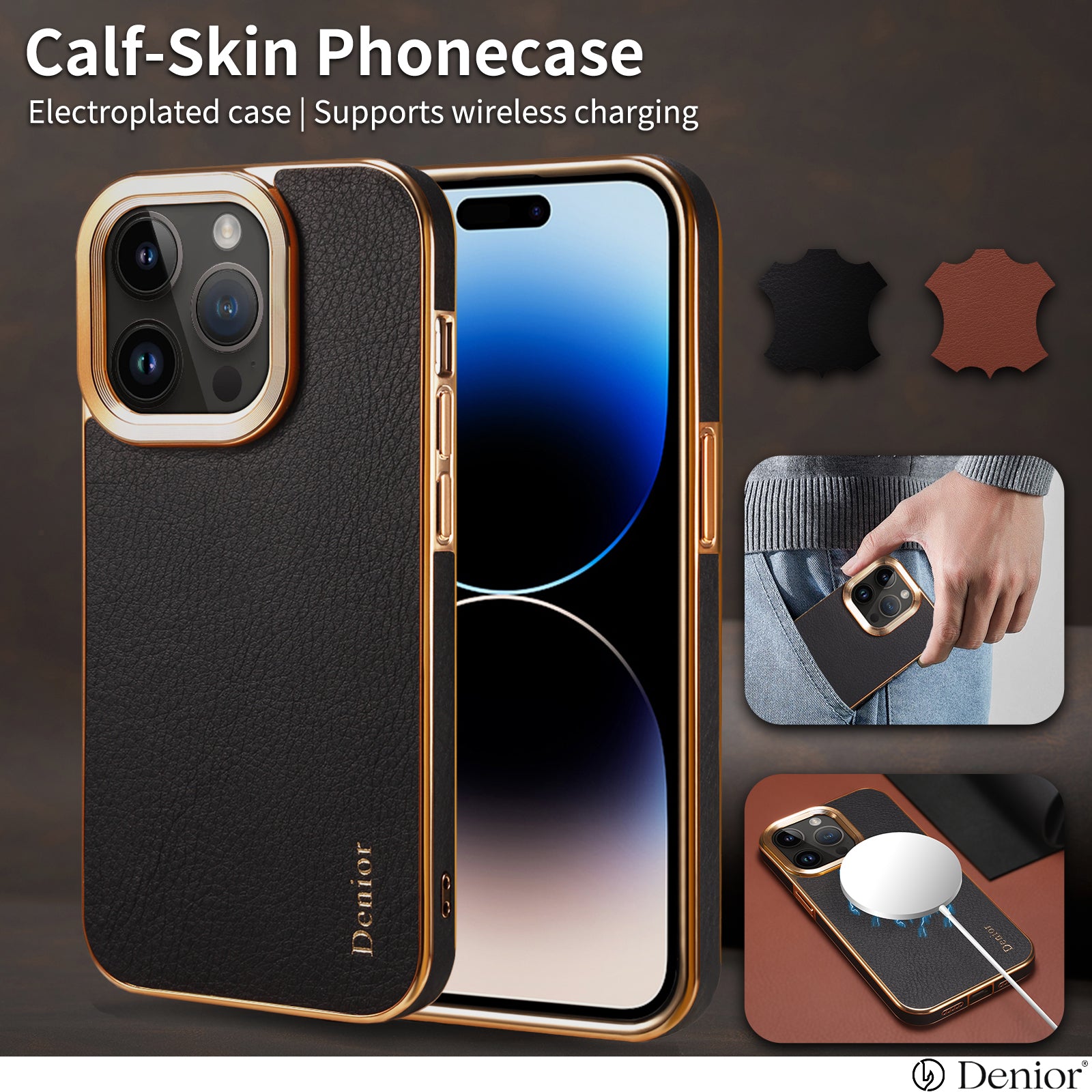 iPhone 16 Series Top Layer Cowhide Electroplated Border Anti Drop Genuine Leather Phone Case（Black）