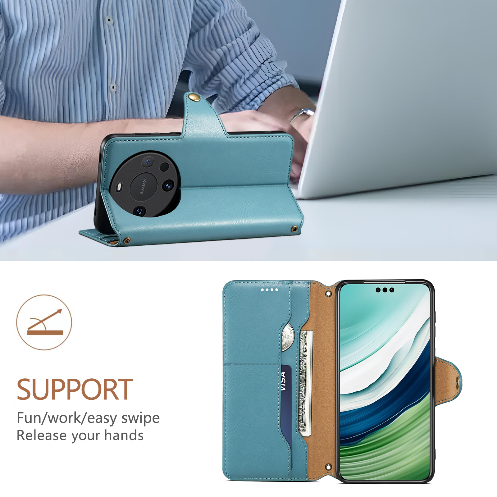 Huawei Simple PU Leather Flip Card Wallet Stand Phone Case（Blue）