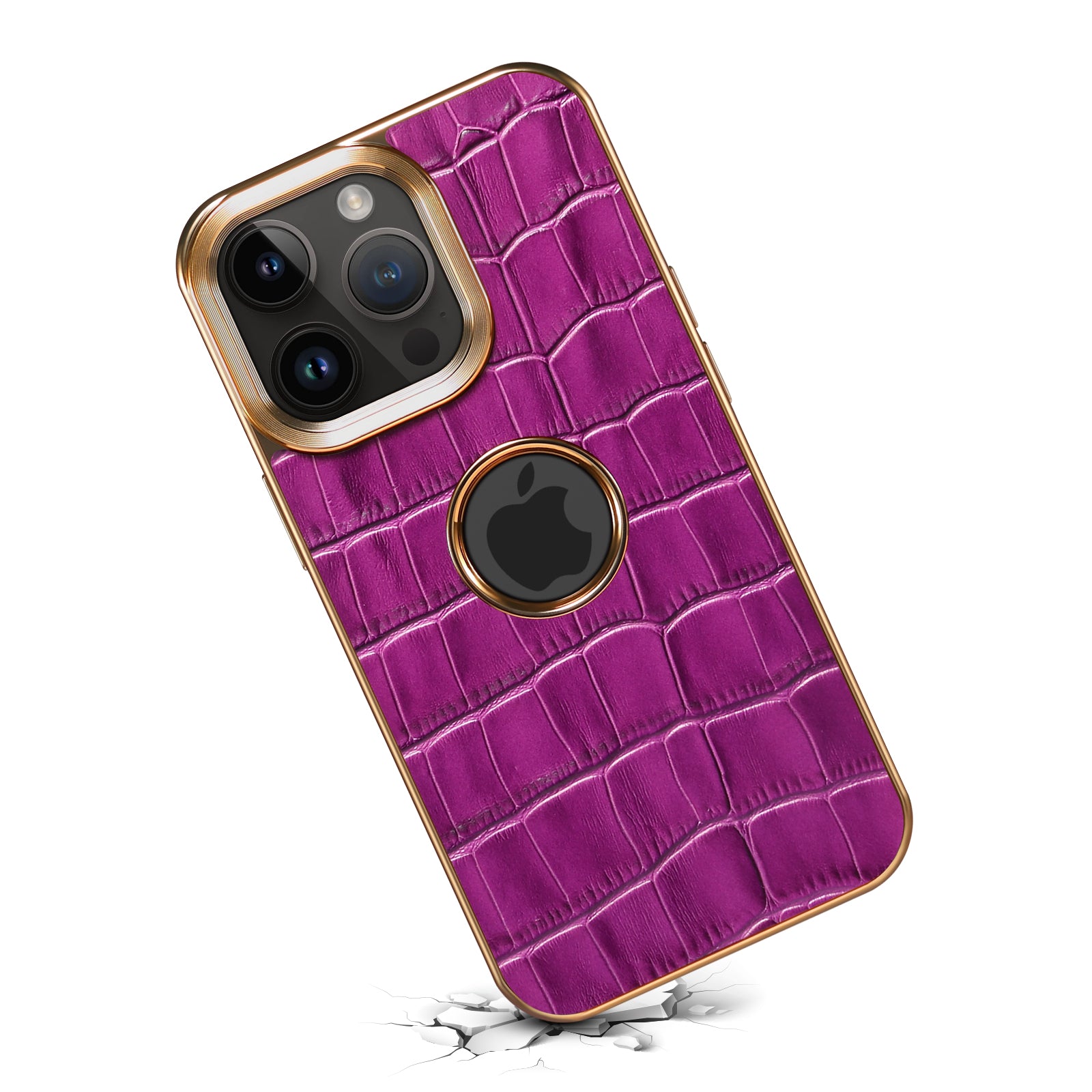 iPhone 15/14/13/12 Series Top Layer Alligator Pattern Cowhide Electroplated Border Anti Drop Genuine Leather Phone Case（Purple）