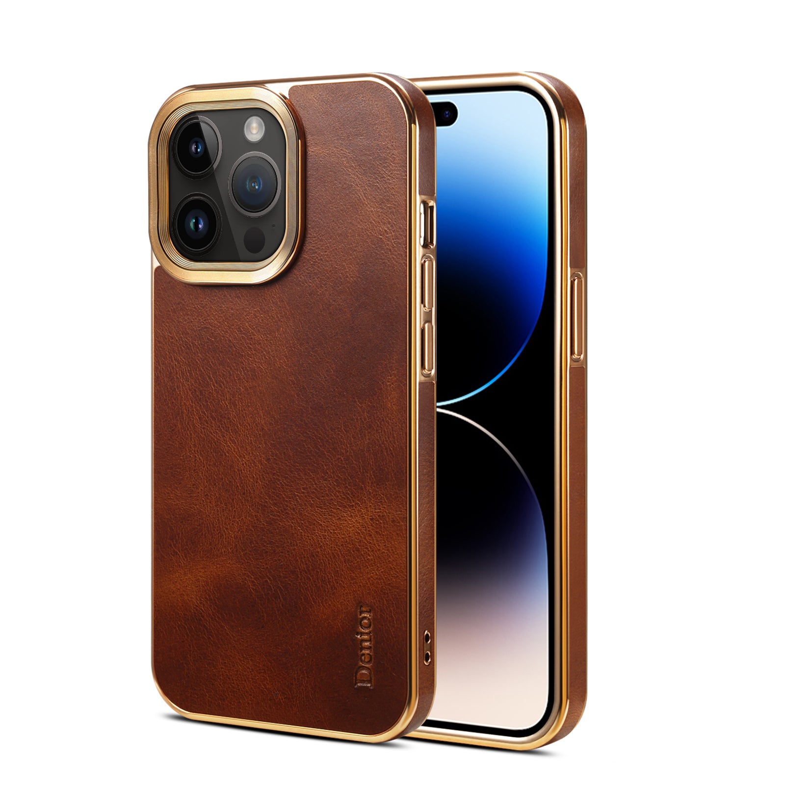 iPhone Top Layer Cowhide Electroplated Border Anti Drop Genuine Leather Phone Case（Brown）