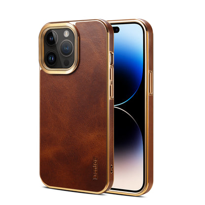 iPhone Top Layer Cowhide Electroplated Border Anti Drop Genuine Leather Phone Case（Brown）