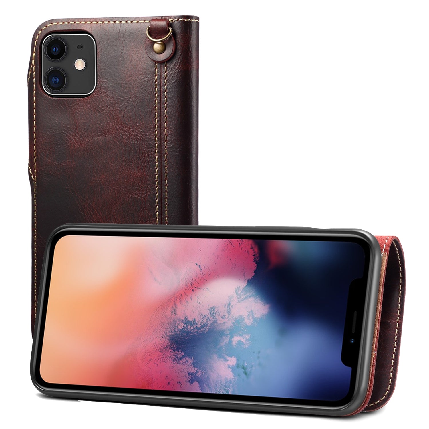 iPhone 13/12 Min/11/7/8 Plus/Xs Max Series Genuine Leathe Multi Functional Card Insertion Flip Wallet Holder Phone Case（Red）