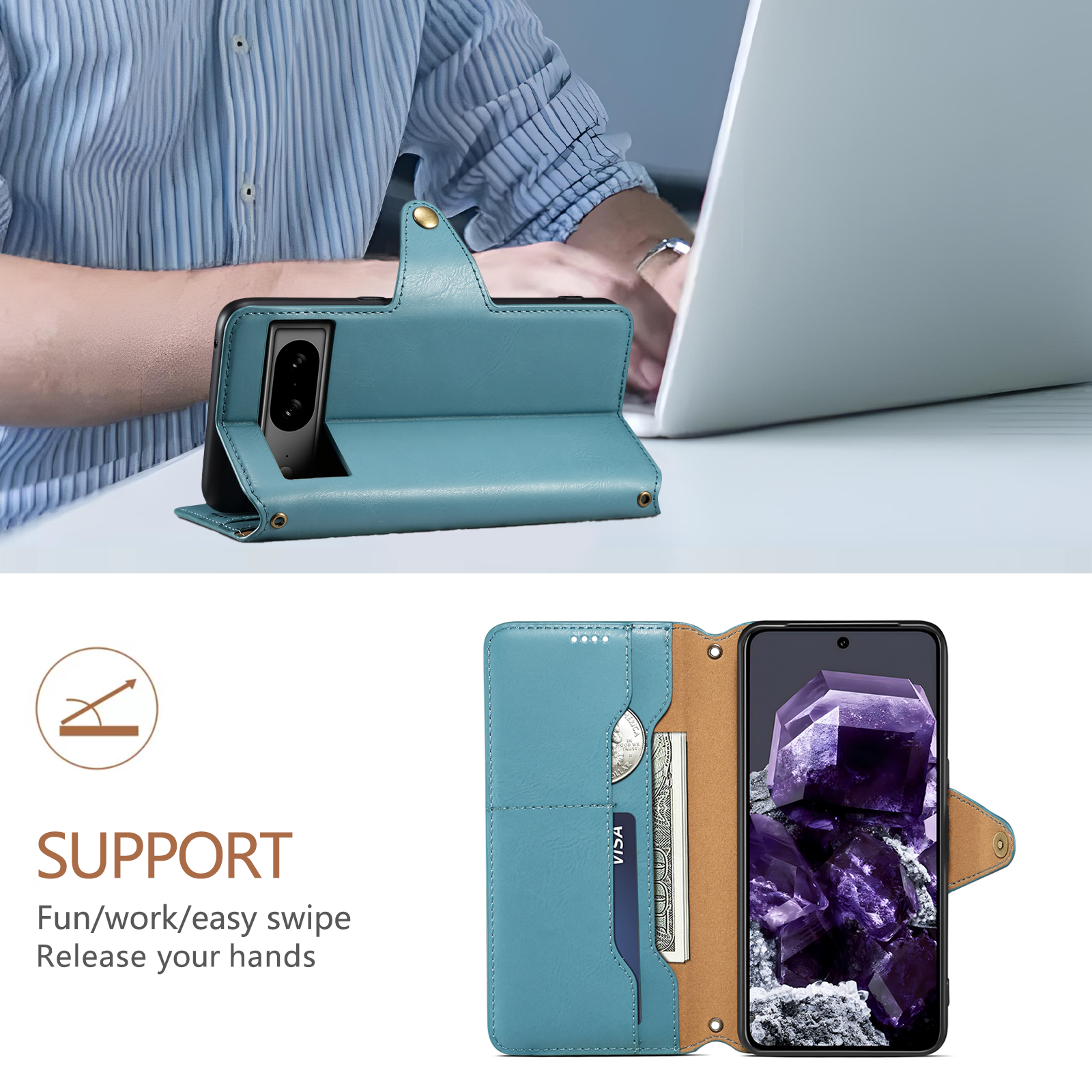 Google Simple PU Leather Flip Card Wallet Stand Phone Case（Blue）